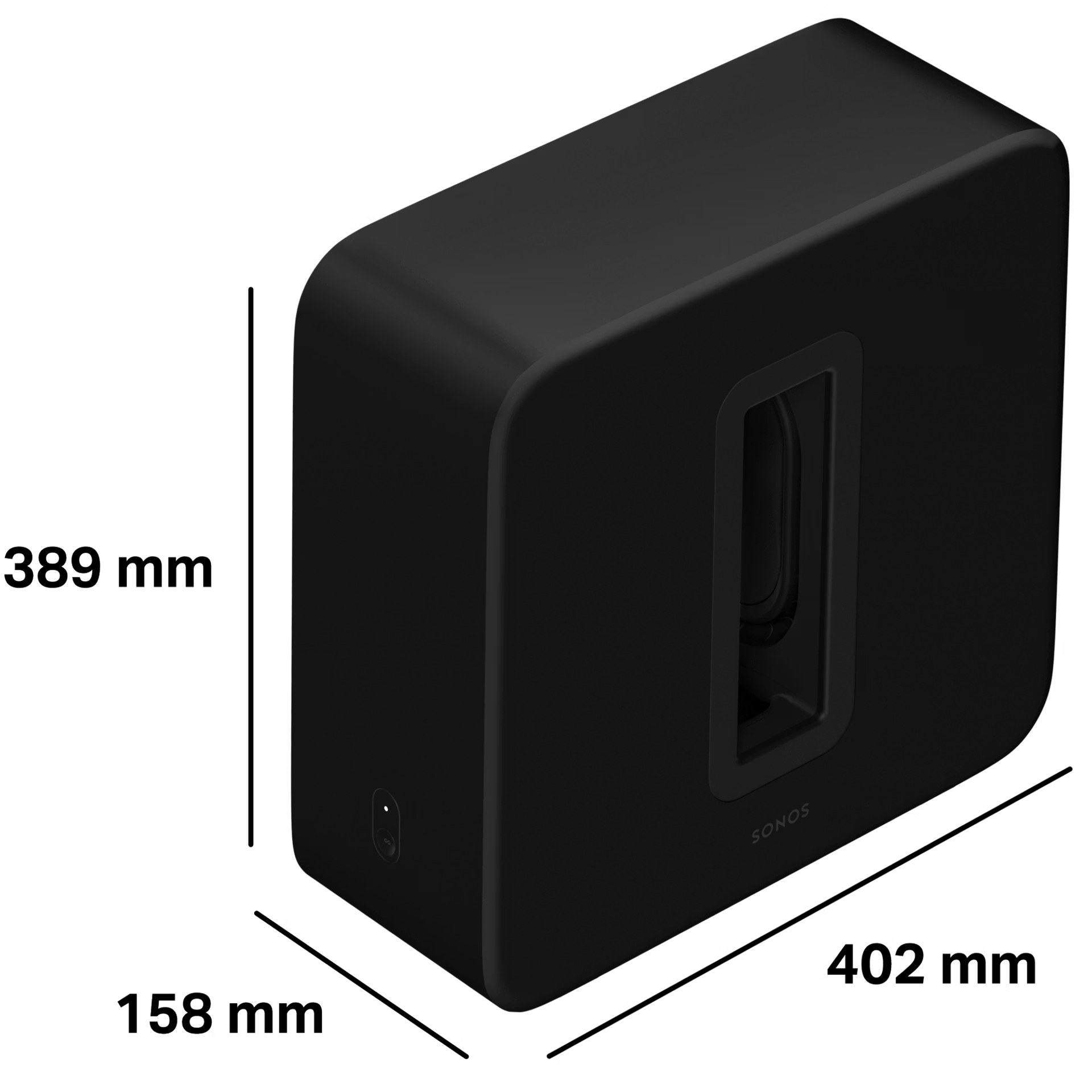 Sonos Sub 4 black side profile — full-size smart subwoofer slot port design for thunderous wireless bass