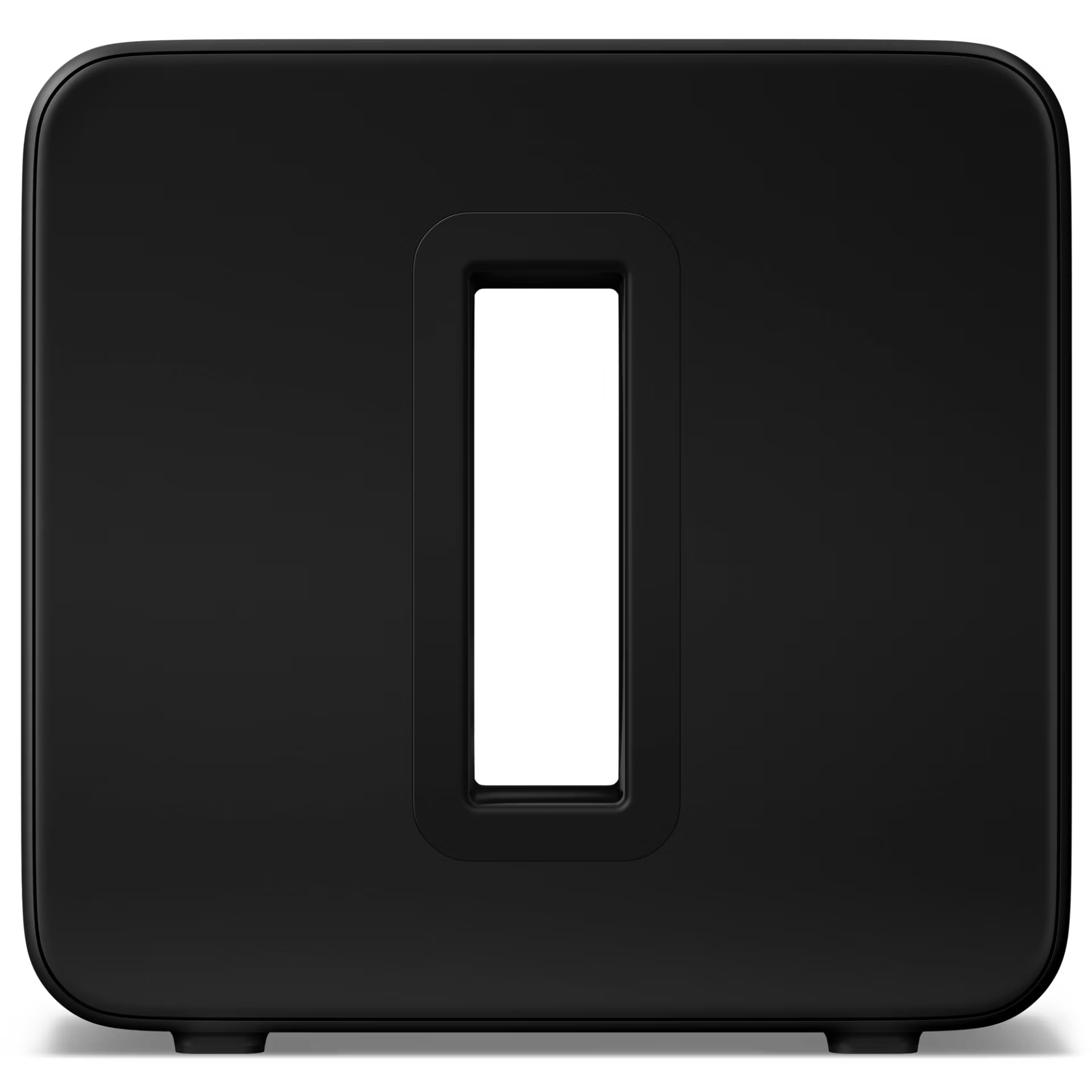 Close-up of Sonos Sub 4 black dual internal slot port openings for deep bass bass reflex design