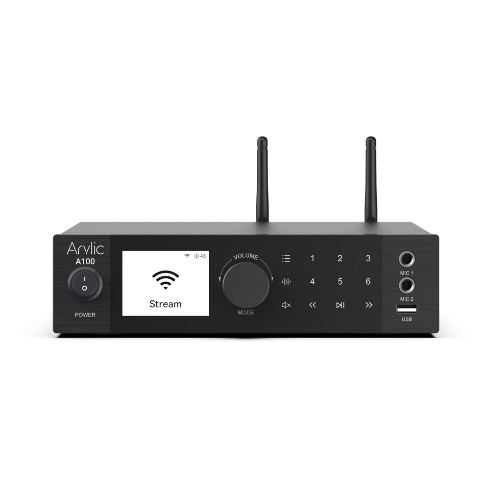 Arylic A100 100W x2 stereo power amplifier with FM radio, full front view showing display