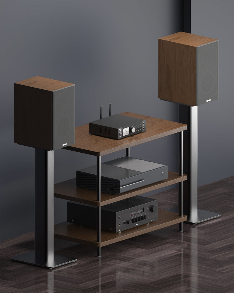Arylic A100 100W power amplifier connected to passive floorstanding speakers in HiFi audio setup