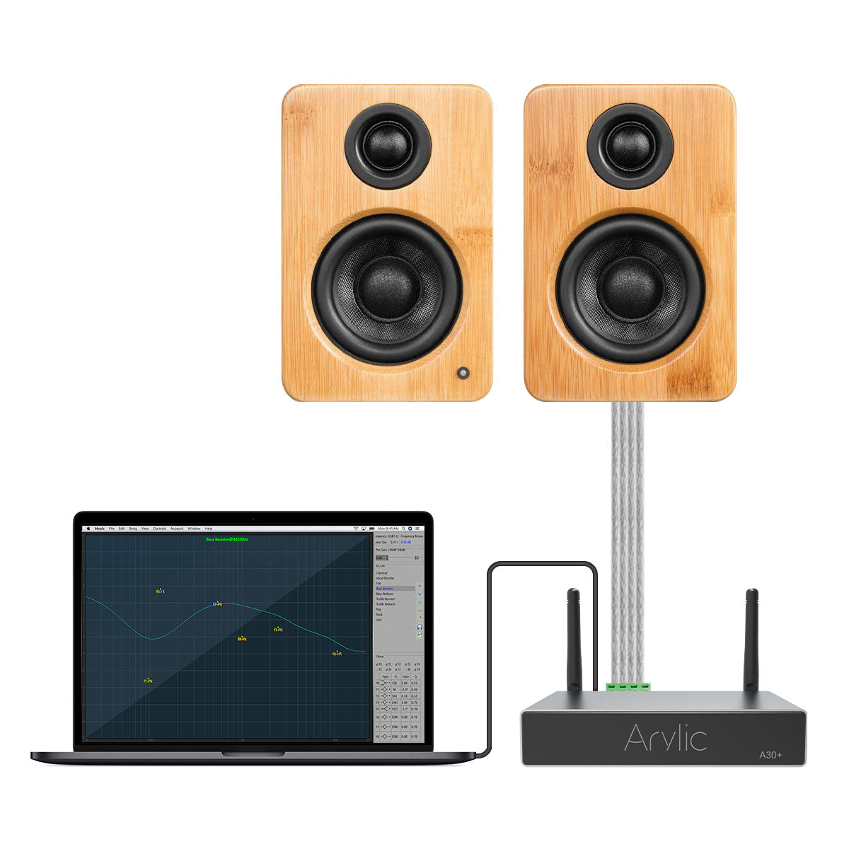 Pair of wooden speakers with a laptop and Arylic A30+ 30W x 2 WiFi Mini Stereo Amplifier