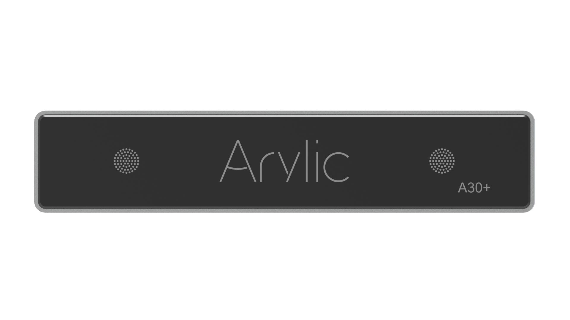 Arylic A30+ mini amplifier front panel close-up showing digital display, knob and input selector