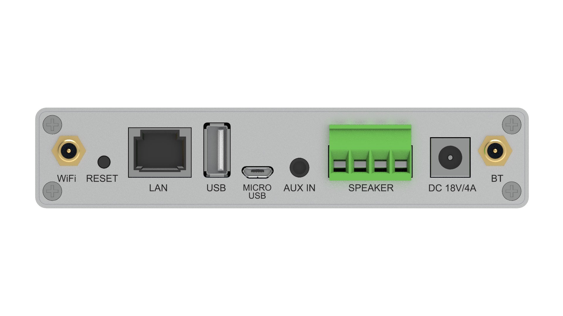 Arylic A30+ mini stereo amplifier rear panel showing speaker terminals, RCA inputs and power port