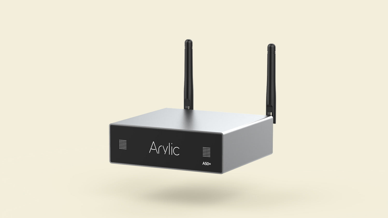 Arylic A50+ amplifier front panel close-up showing digital display, volume knob and input button