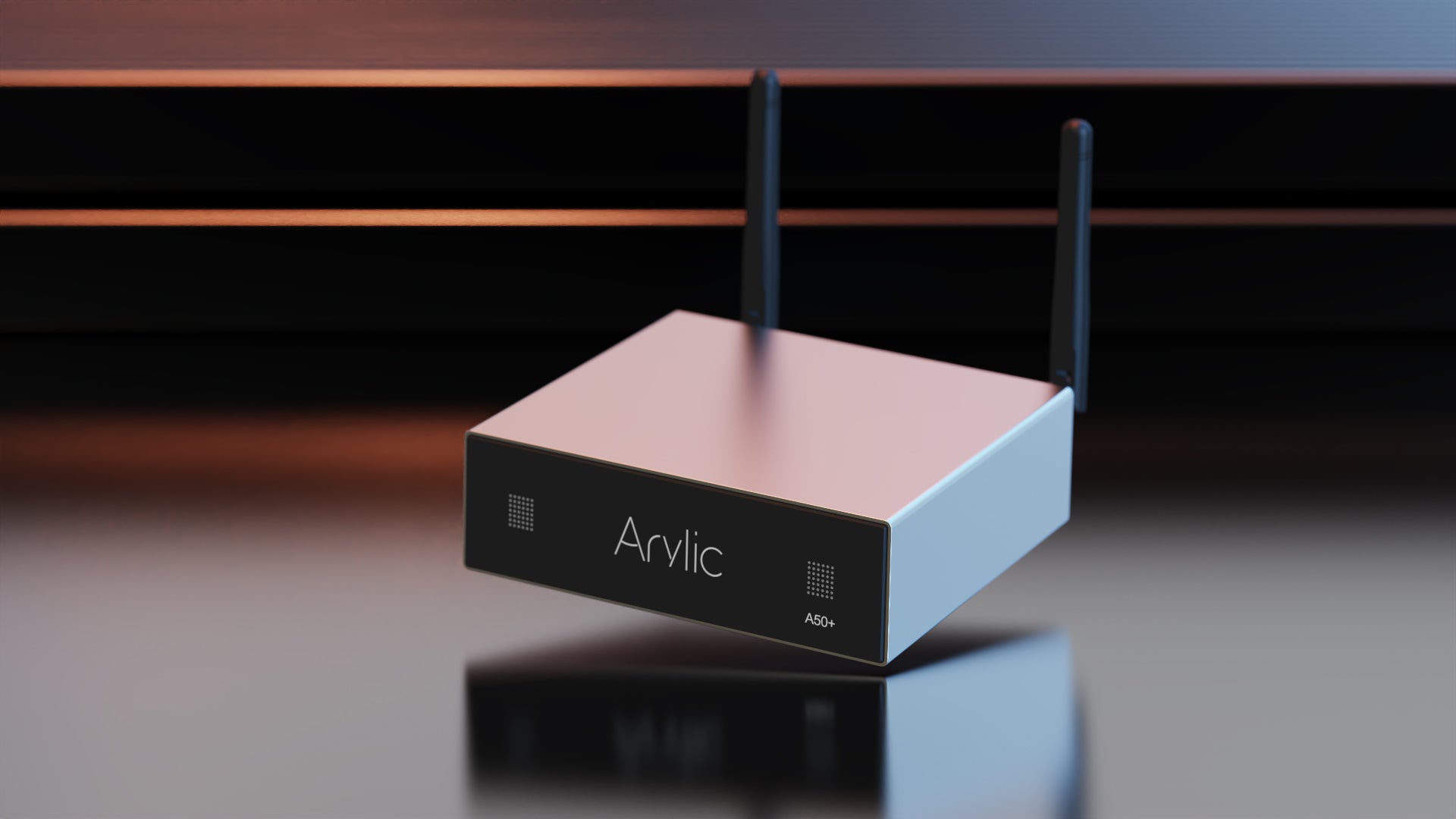 Right side profile of Arylic A50+ stereo streaming amplifier highlighting heatsink and body depth