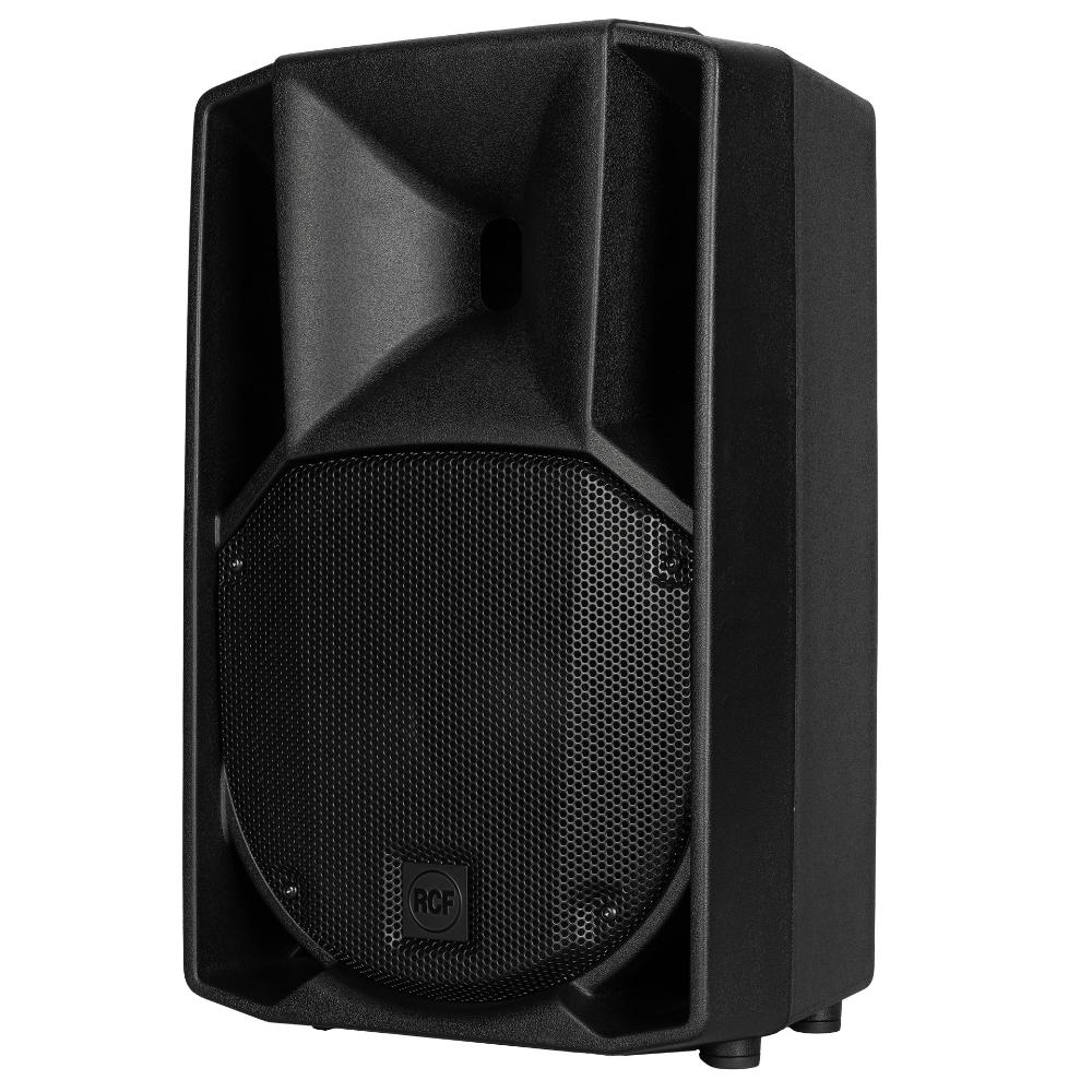 "Angled view of RCF ART 710 two-way active speaker with trapezoidal enclosure and professional black finish"