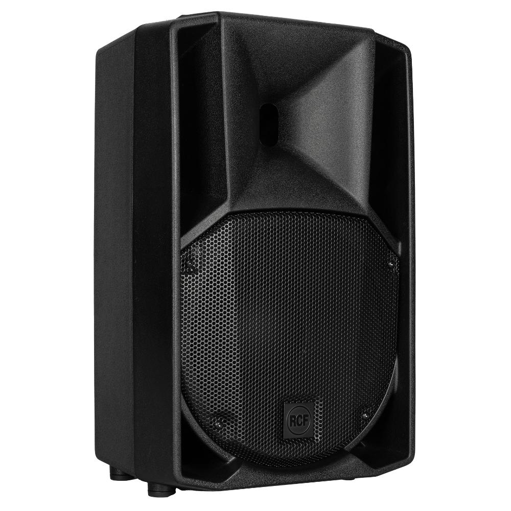 Black RCF speaker on a white background