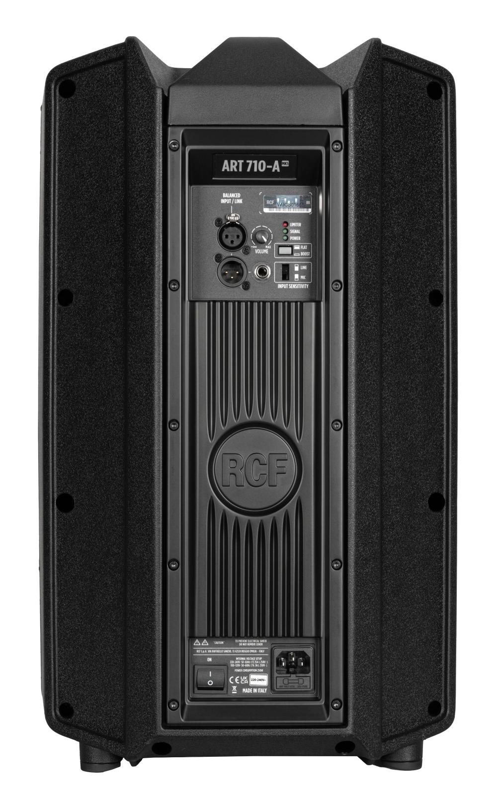 "Rear view of RCF ART 710 showing balanced inputs, output link, level controls, EQ presets, and integrated amplifier section"