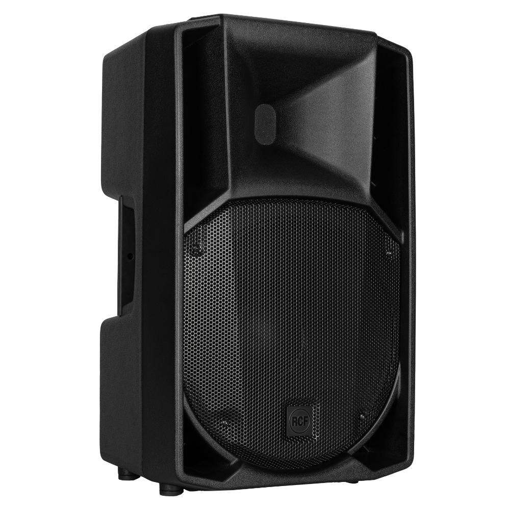 "Angled view of RCF ART 712-A MK5 two-way active speaker with trapezoidal enclosure and professional finish"