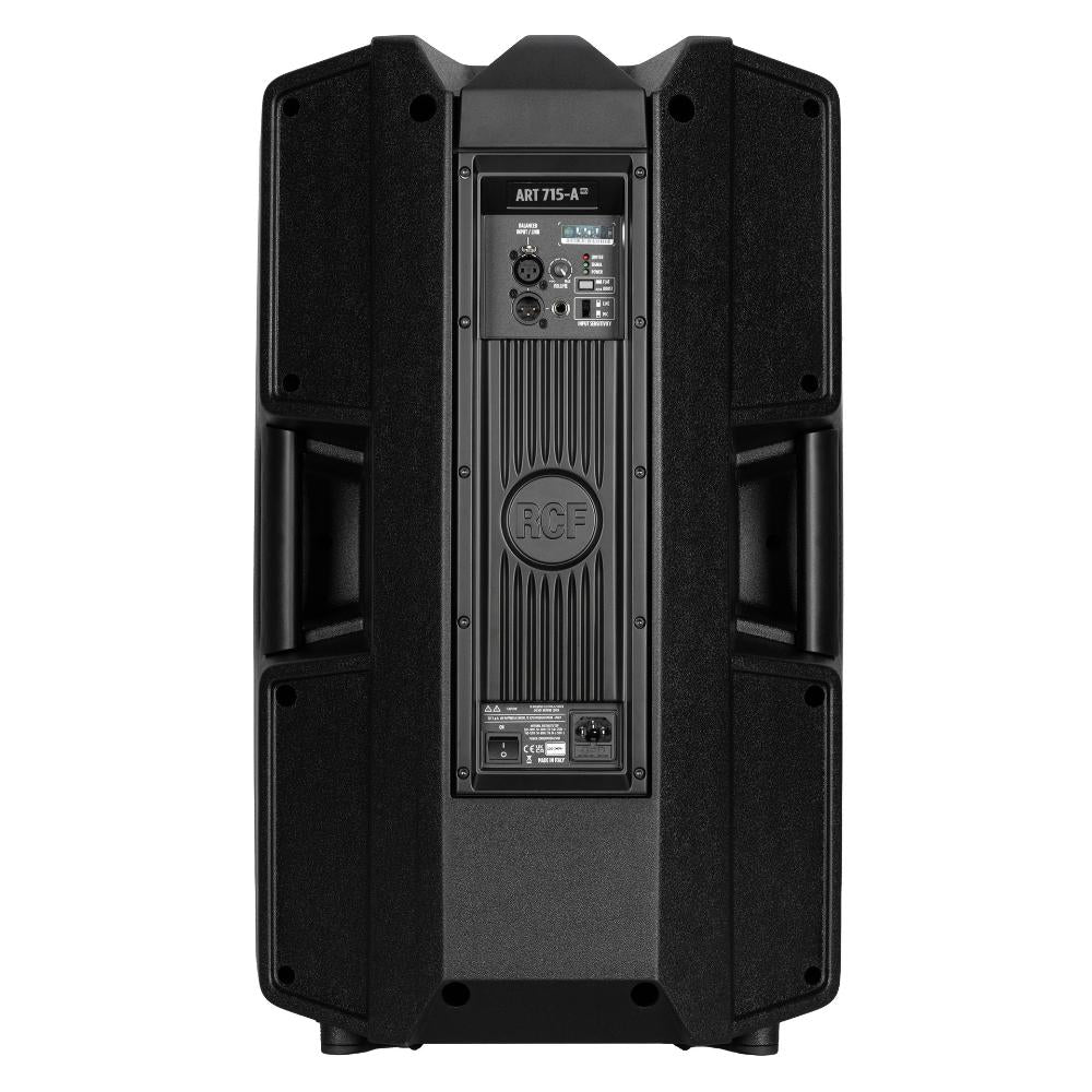 "Rear view of RCF ART 715-A MK5 showing balanced inputs, level controls, EQ settings, and integrated Class-D amplifier"