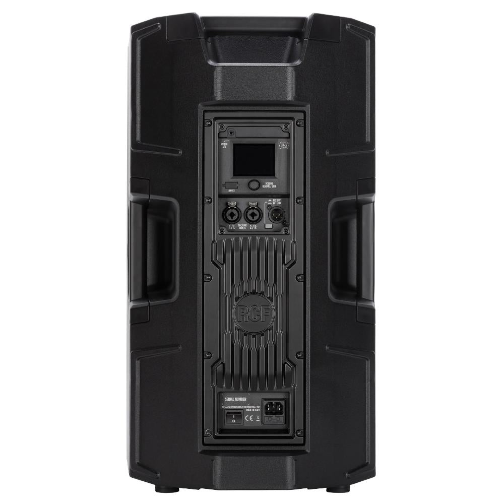"Rear view of RCF ART 912-AX showing balanced inputs, Bluetooth controls, level adjustment, EQ presets, and integrated amplifier section"