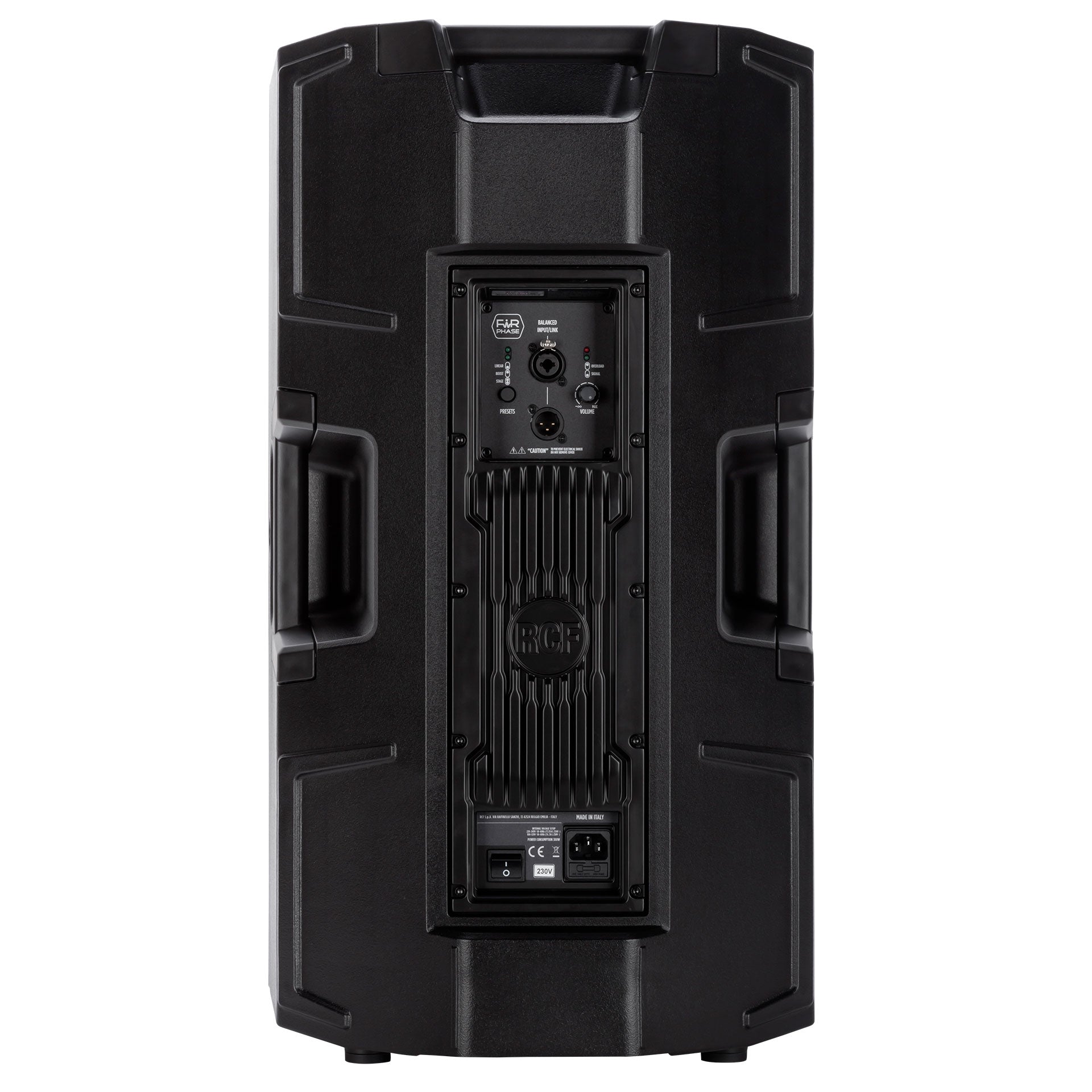Back-facing RCF ART 915-A Professional Active Speaker showing volume and DSP mode controls