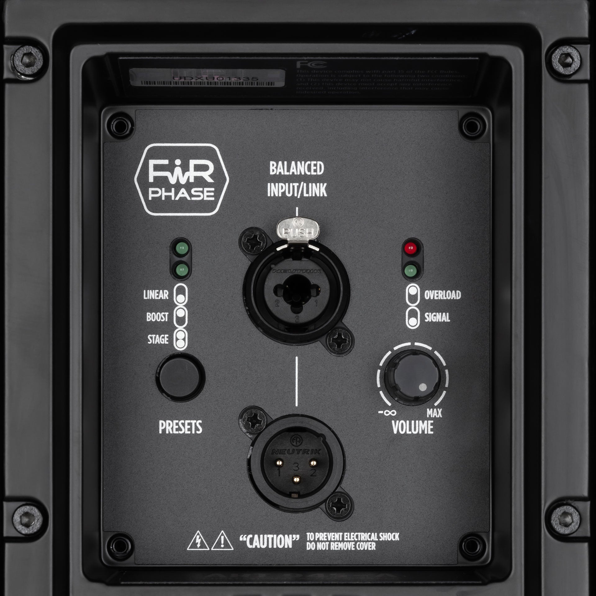RCF ART 945-A control panel detail showing volume and EQ controls