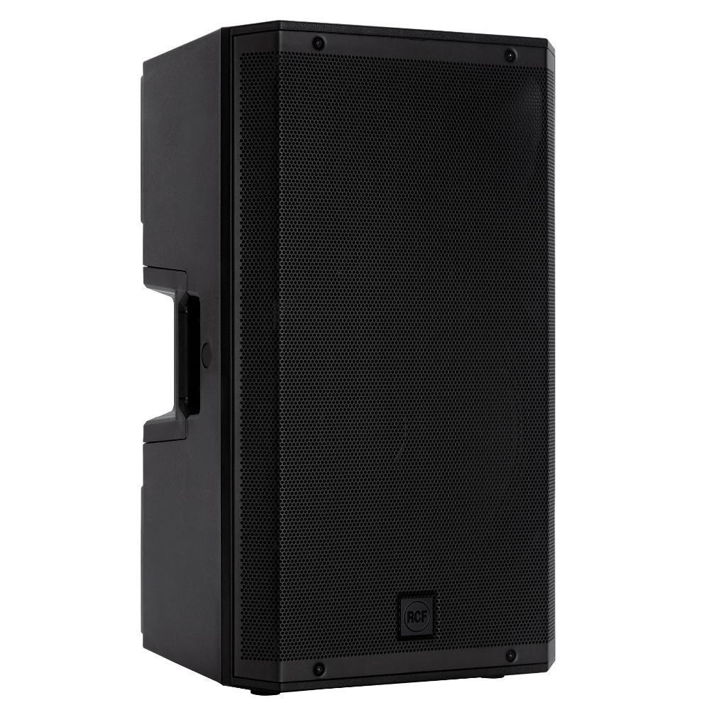 "Angled view of RCF ART 945-A high-output active speaker with trapezoidal enclosure and professional finish"