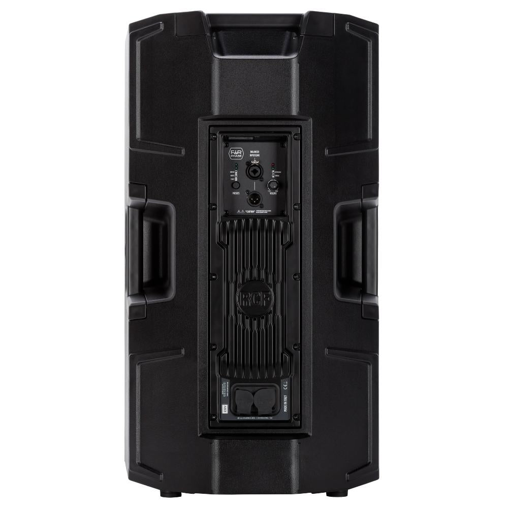  "Rear view of RCF ART 945-A showing balanced inputs, output link, level controls, EQ presets, and integrated high-power amplifier module"