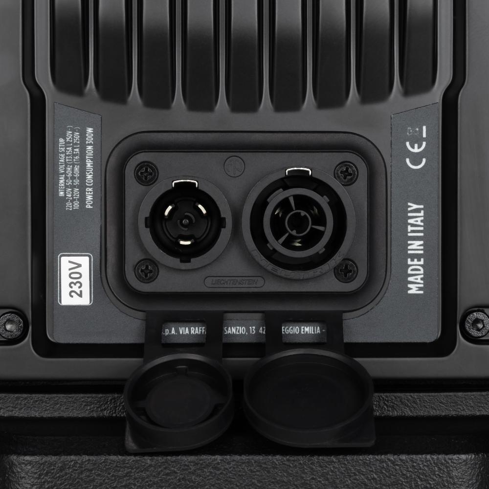 "RCF ART 945-A rear panel with XLR/TRS inputs, DSP controls, and power section"