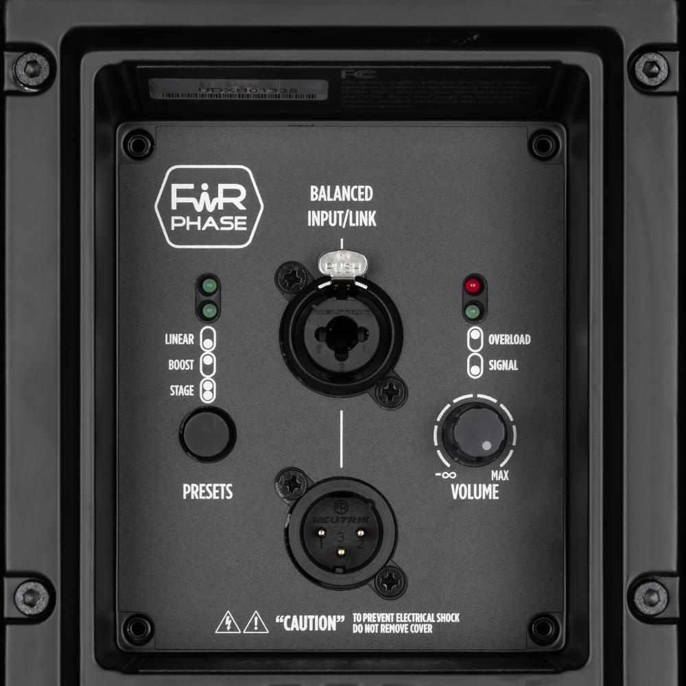 "RCF ART 945-A rear panel with XLR/TRS inputs, DSP controls, and power section"