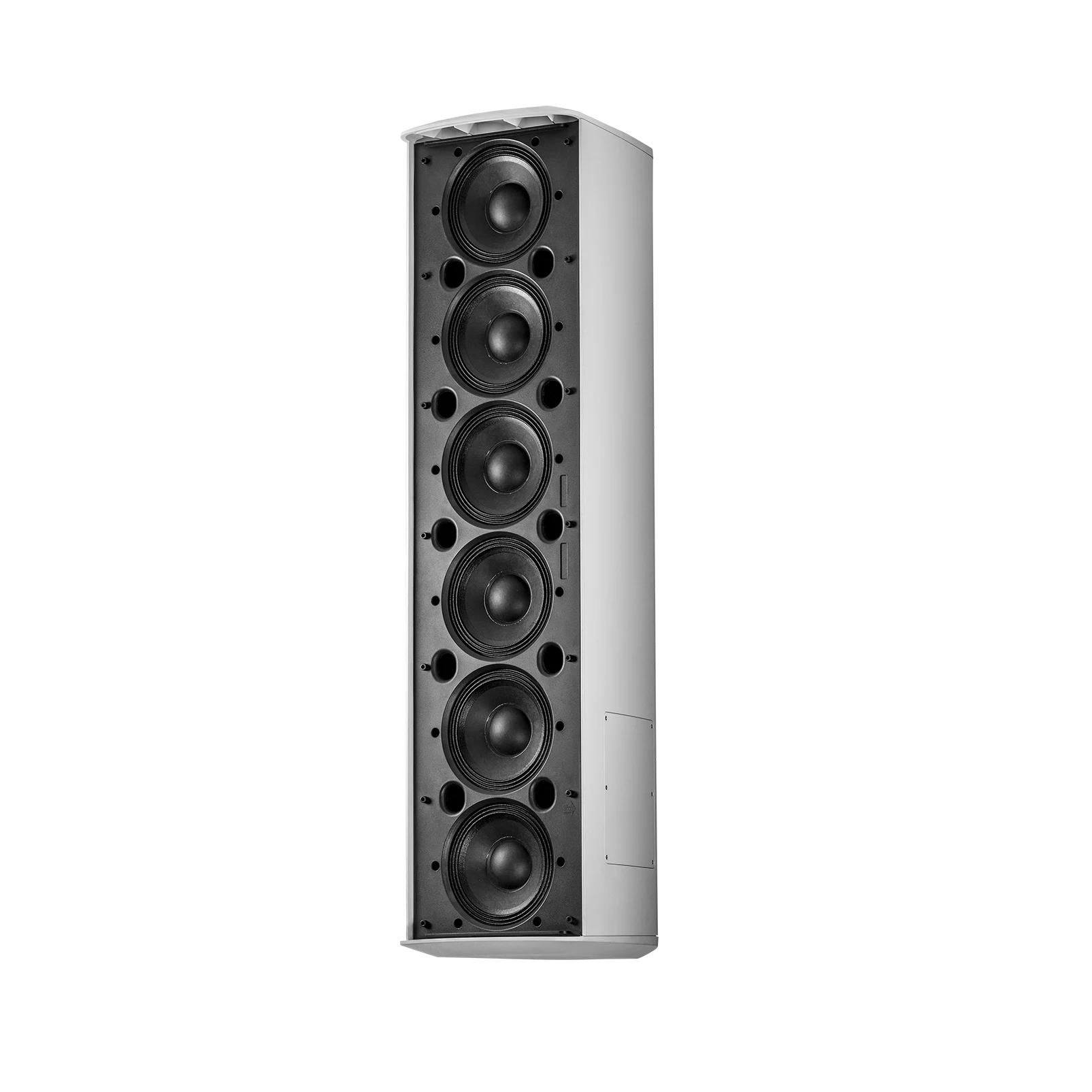 Close-up of JBL CBT 1000E Extension System offset bracket configuration for above-mount placement