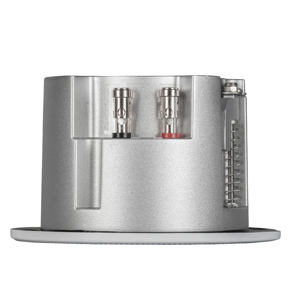 Metallic cylindrical device with valve components on a white background