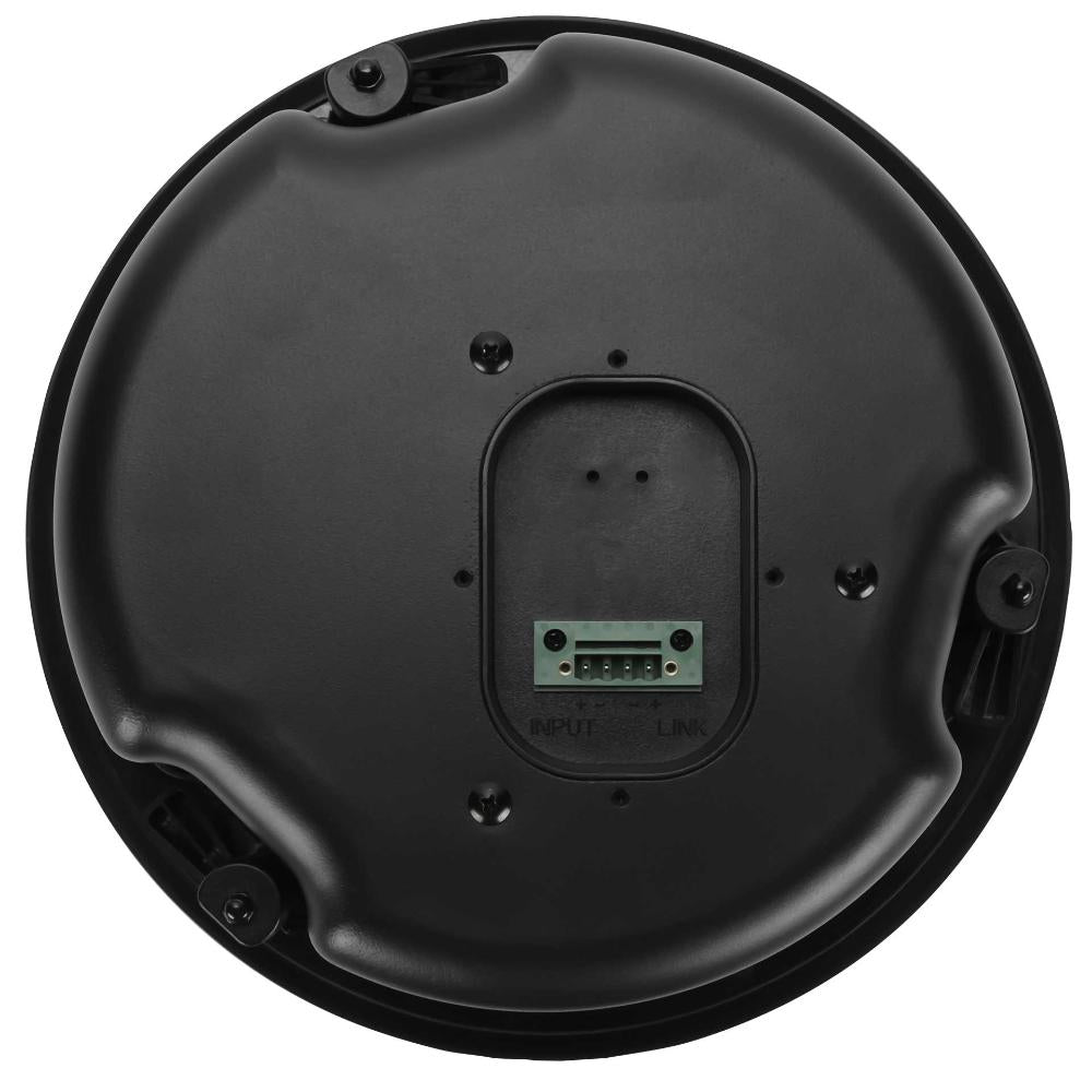 Black circular object with a central slot and surrounding components on a white background
