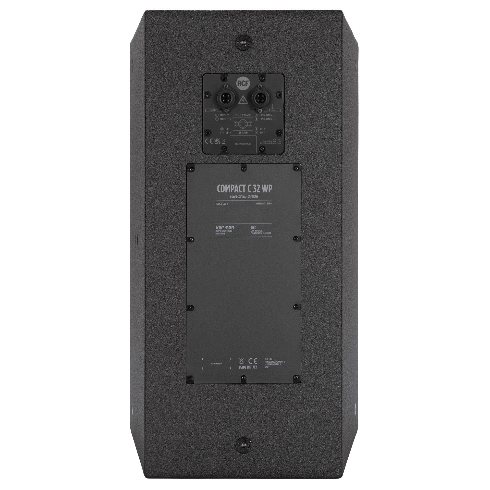 RCF COMPACT C 32 WP TWO-WAY PROFESSIONAL SPEAKER rear view showing Amphenol IP67 input and output connectors