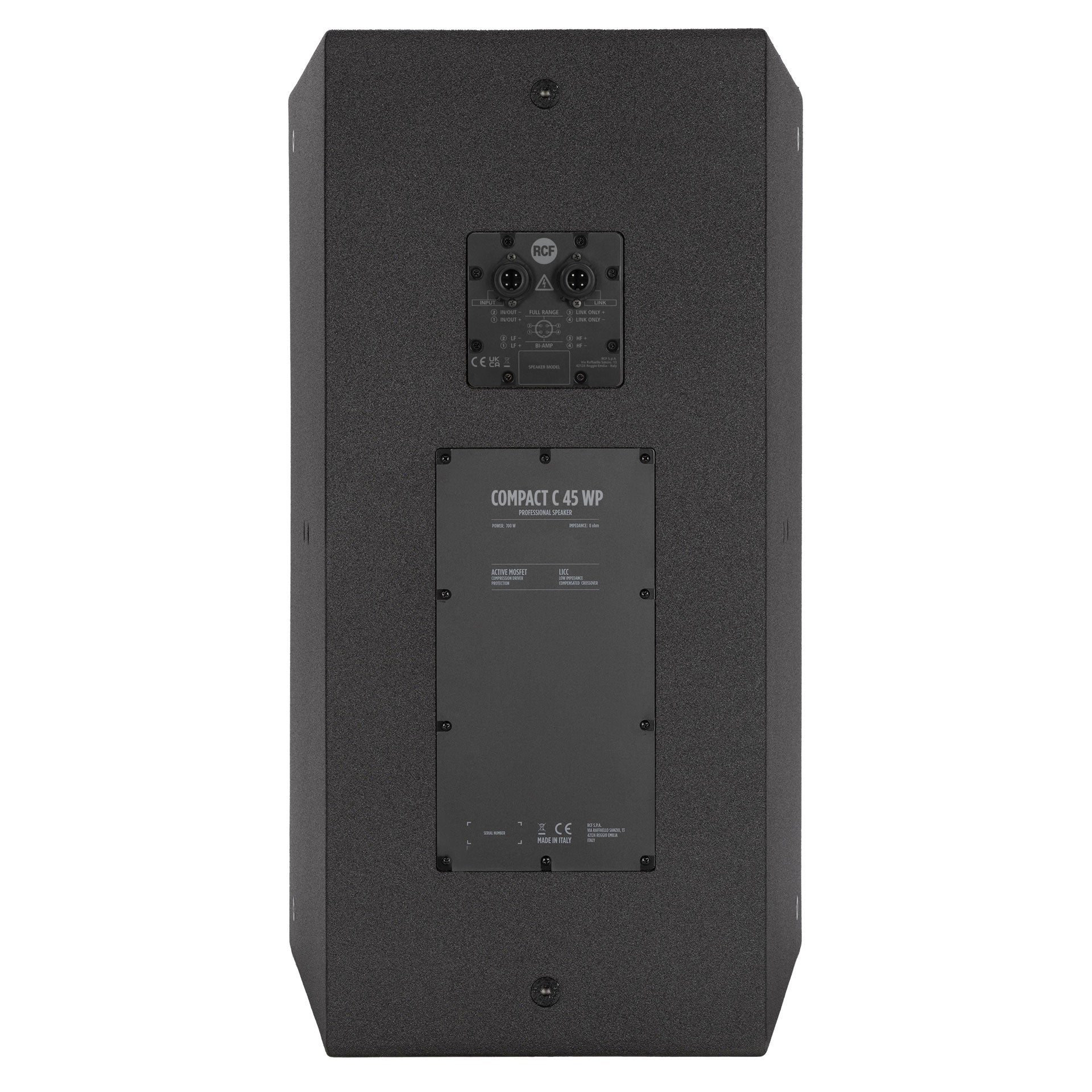 RCF COMPACT C 45 WP TWO-WAY PROFESSIONAL SPEAKER  rear view showing Amphenol IP67 input and output connectors