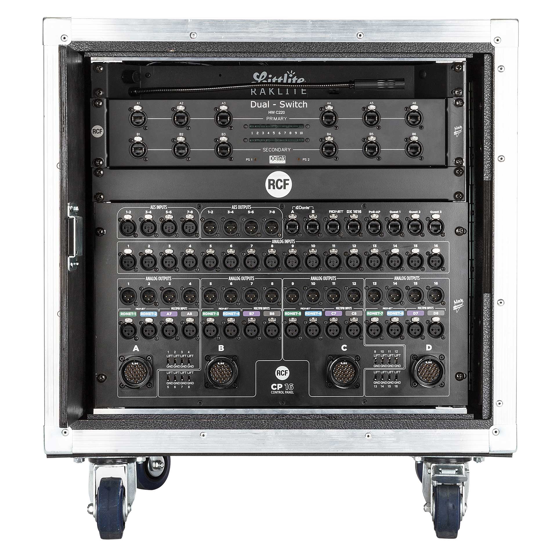 RCF CR 16-ND control rack front view showing 10U chassis with analog and Dante audio inputs
