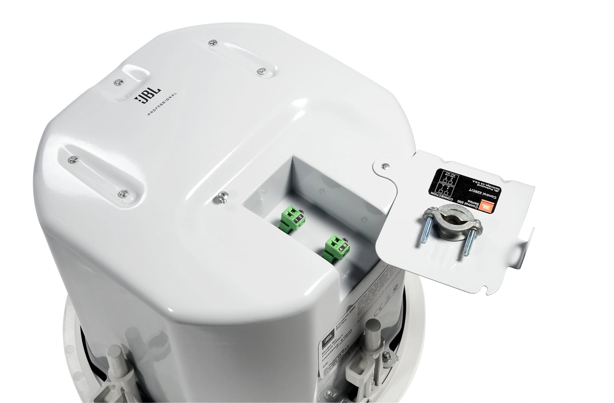 JBL Control 226C/T 6.5" Coaxial Ceiling Loudspeaker back panel showing locking connector and transformer bypass switch