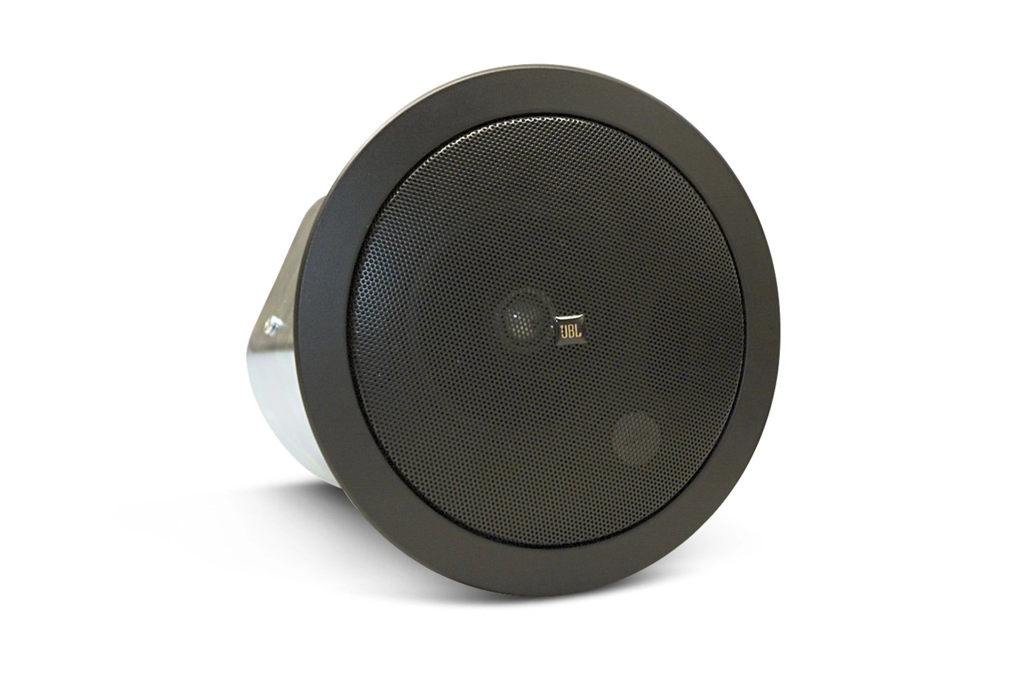 Front-facing JBL Control 24CT-BK Background/Foreground Ceiling Speaker showing LF cone and HF driver