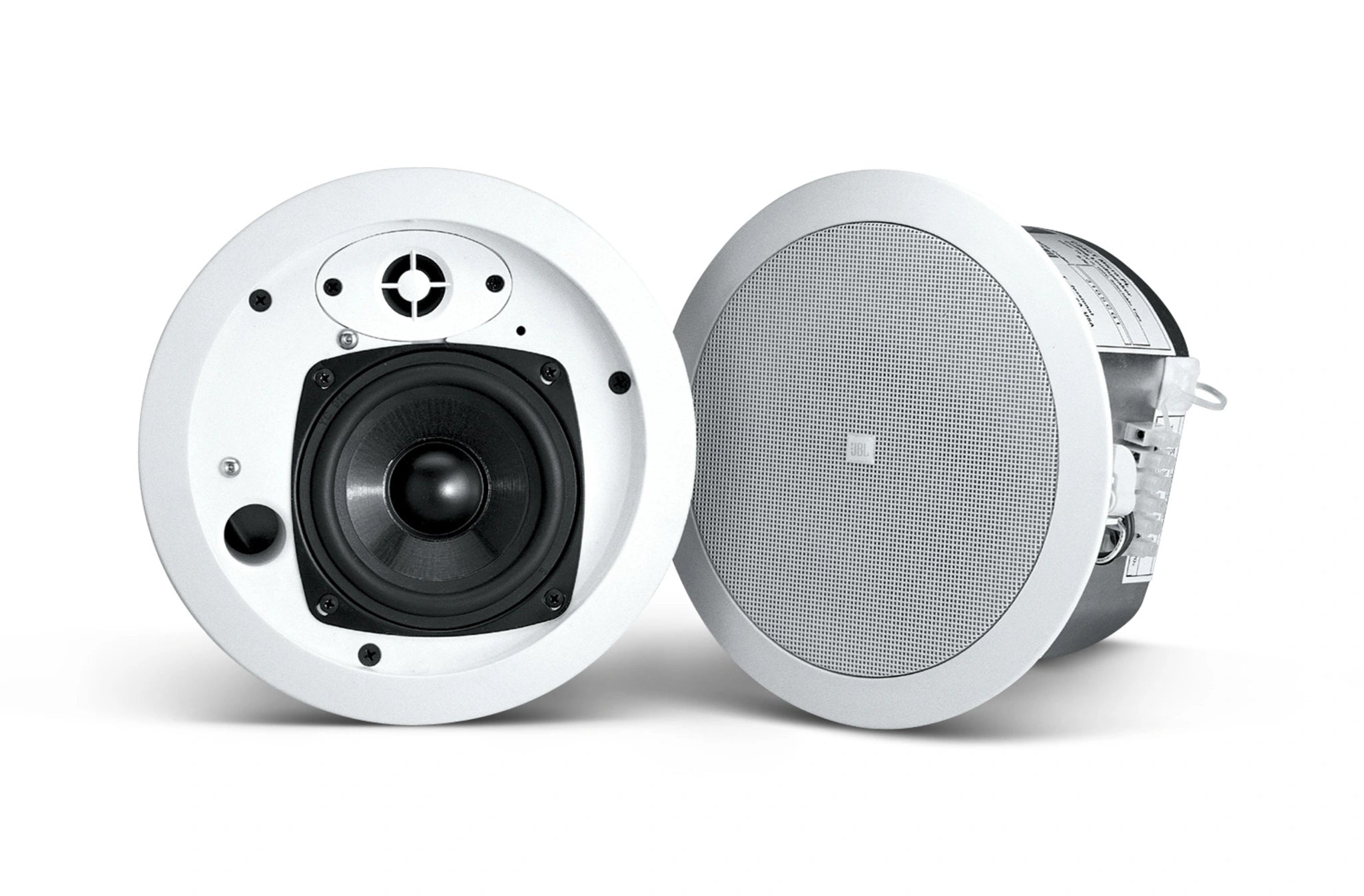 Front-facing JBL Control 24CT Micro Plus Background Music Ceiling Loudspeaker showing LF cone and HF polycarbonate dome