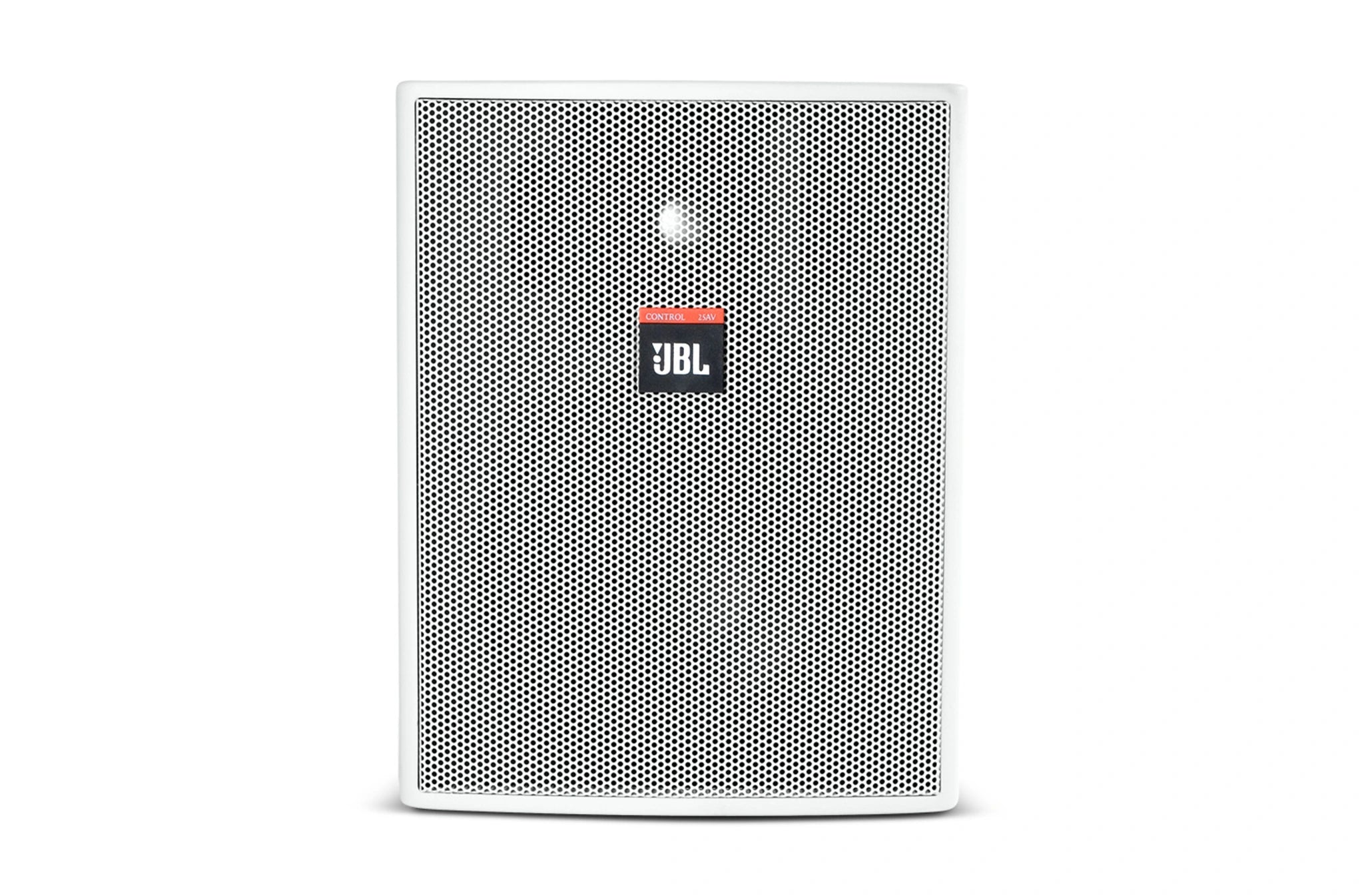 JBL Control 25AV Compact Indoor/Outdoor Loudspeaker front view showing LF cone and titanium-coated PEI tweeter- White