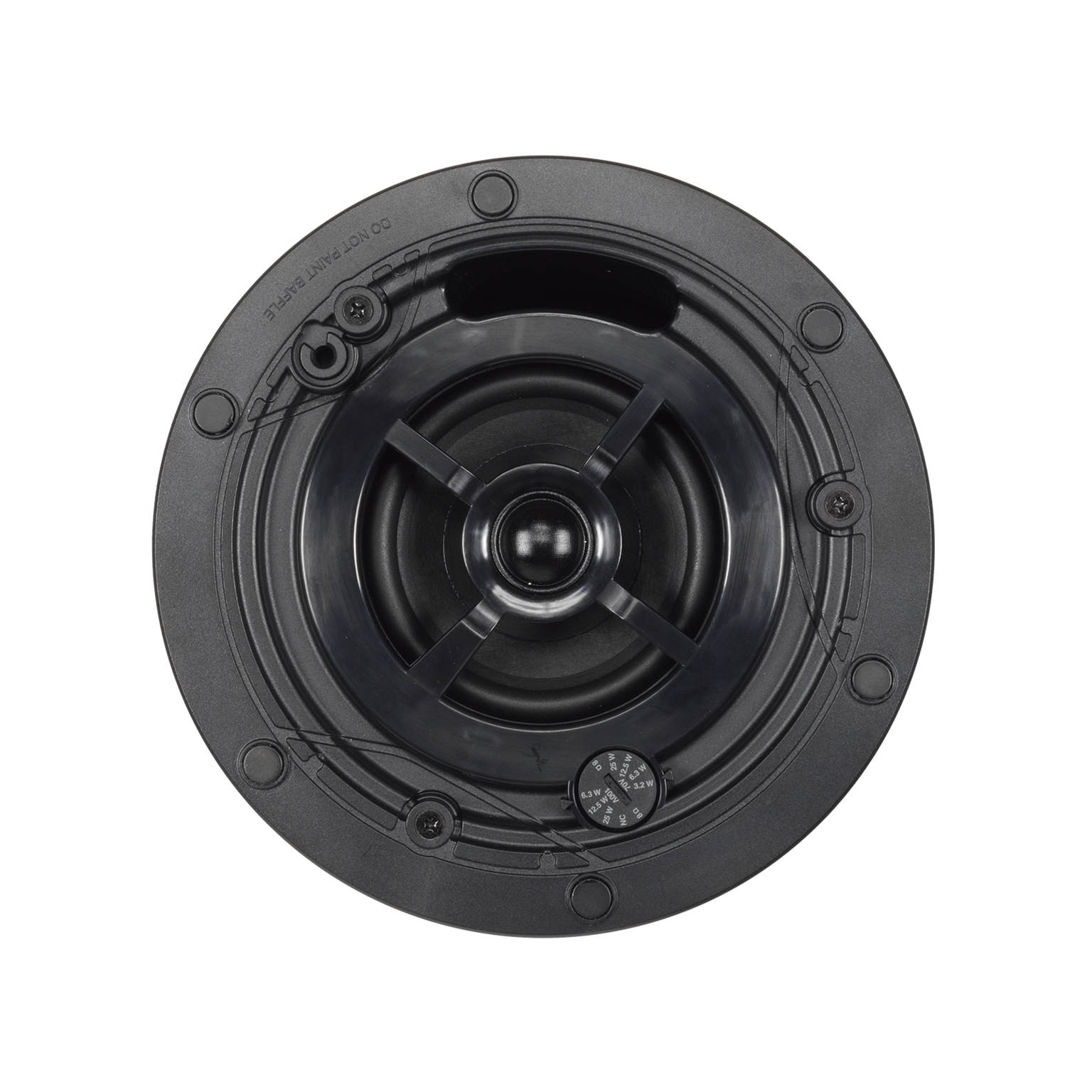 Close-up of JBL Control 414C/T-VA 4" Two-Way Coaxial Ceiling Loudspeaker white finish and grille texture