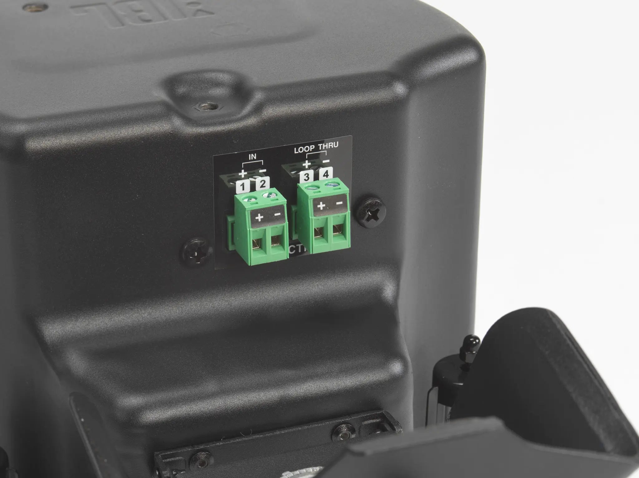 Close-up of JBL Control 414C/T 4" Two-Way Coaxial Ceiling Loudspeaker transformer tap selection
