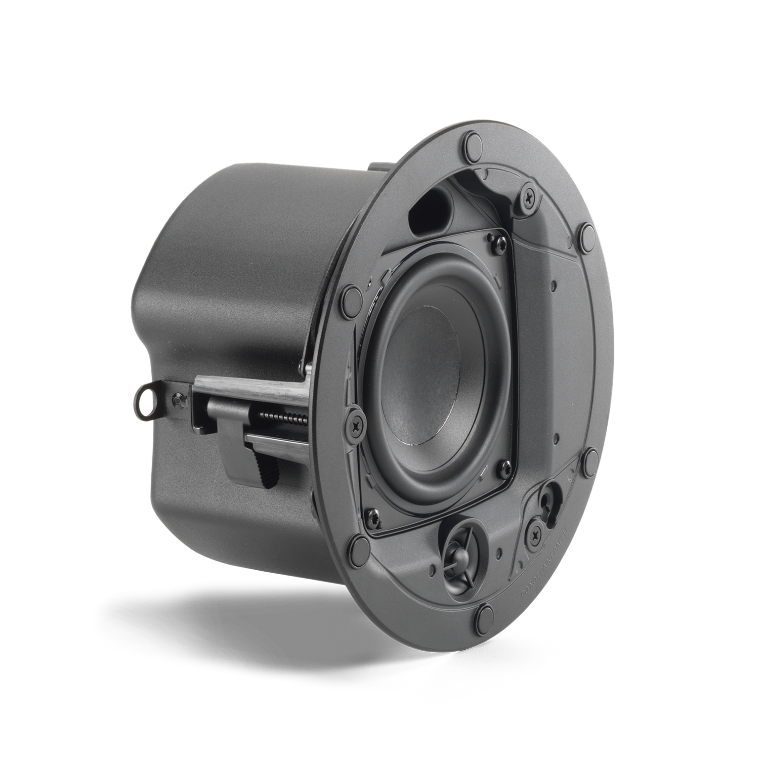 Side view of JBL Control 414CT Micro Plus 4" Two-Way High-Output Ceiling Loudspeaker bracket clearance
