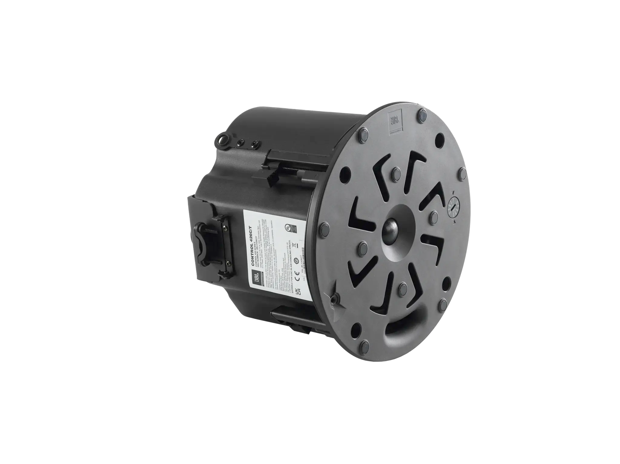 Rear-facing JBL Control 426C/T 6.5" CRBI-Equipped Two-Way Coaxial Ceiling Loudspeaker wiring compartment