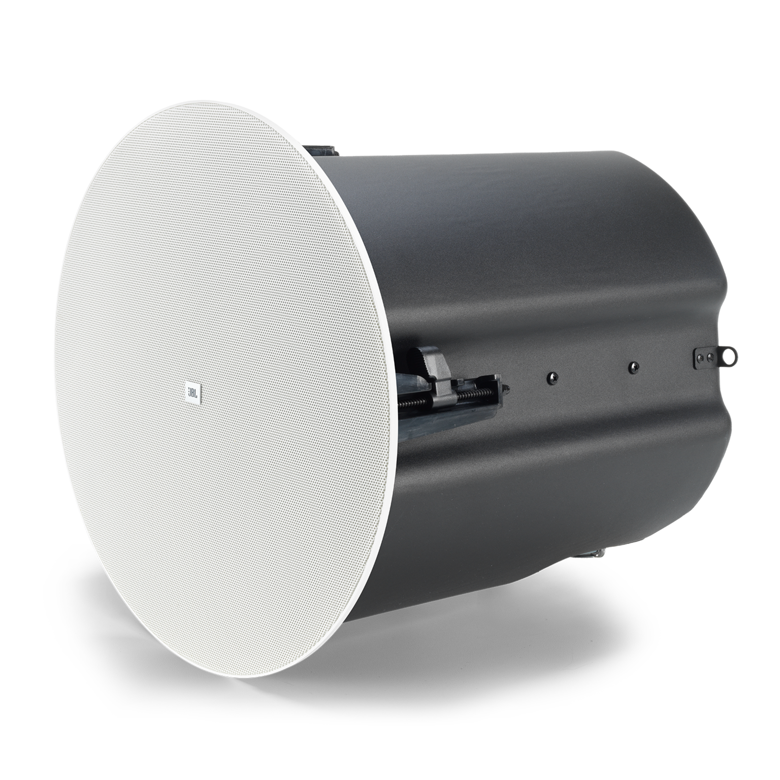 JBL Control 447HC 6.5" RBI-Equipped Two-Way Coaxial Ceiling Loudspeaker Left side profile view showing extended enclosure depth