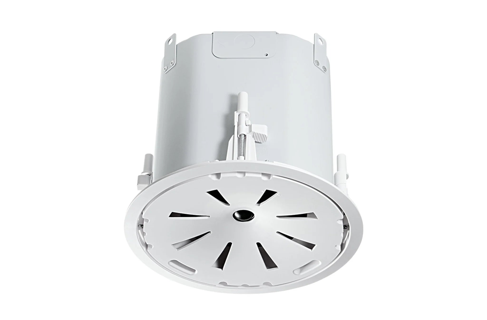 Rear-facing JBL Control 47C/T Consistent Coverage Extended Bass wiring compartment