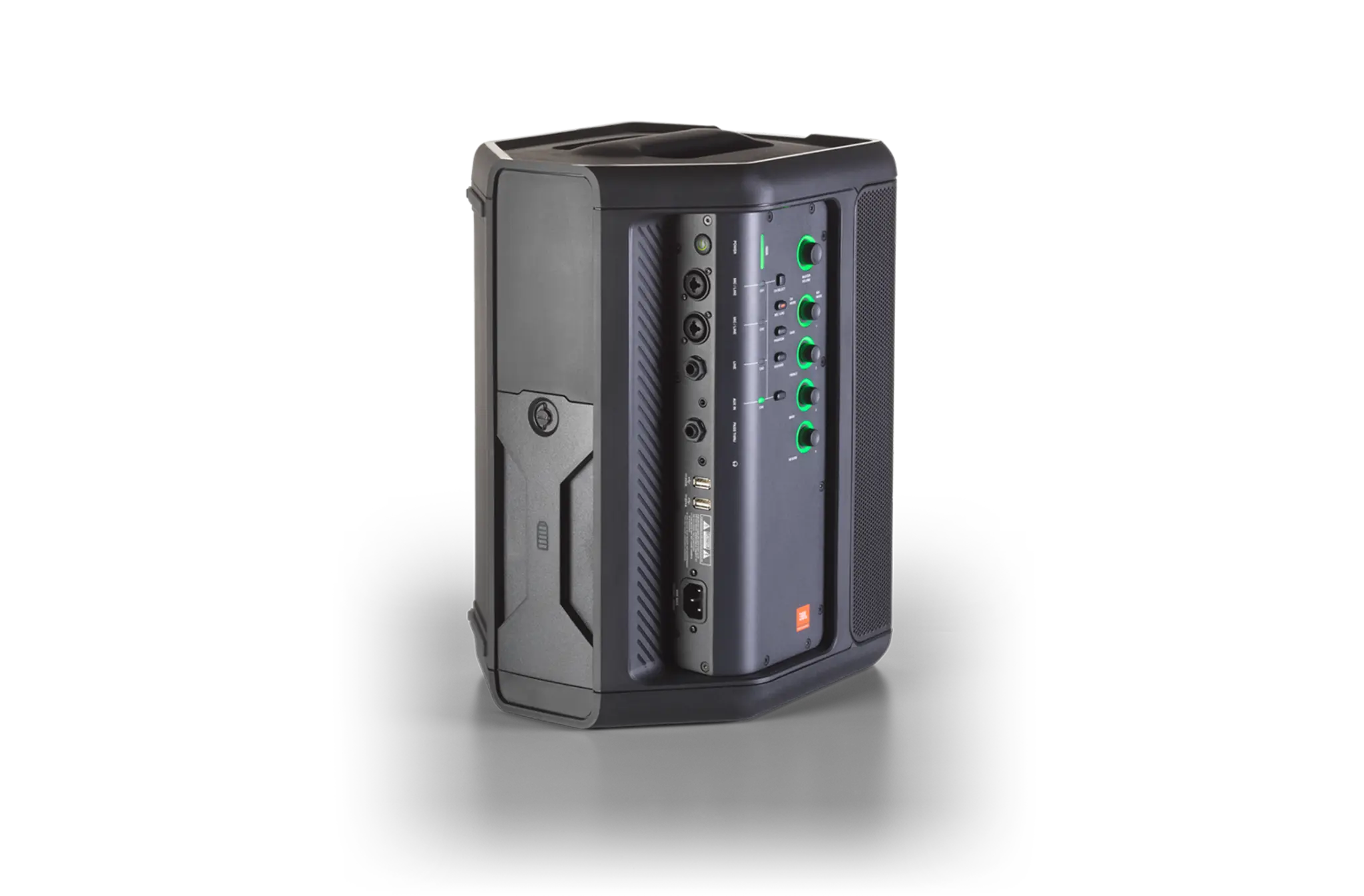 Back-facing JBL EON ONE Compact showing AC power input and battery compartment