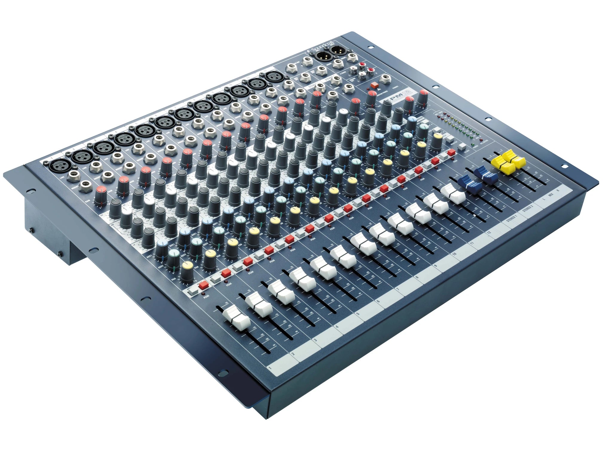 SOUNDCRAFT EPM 12 audio mixer with multiple knobs in a white background with rack mount.