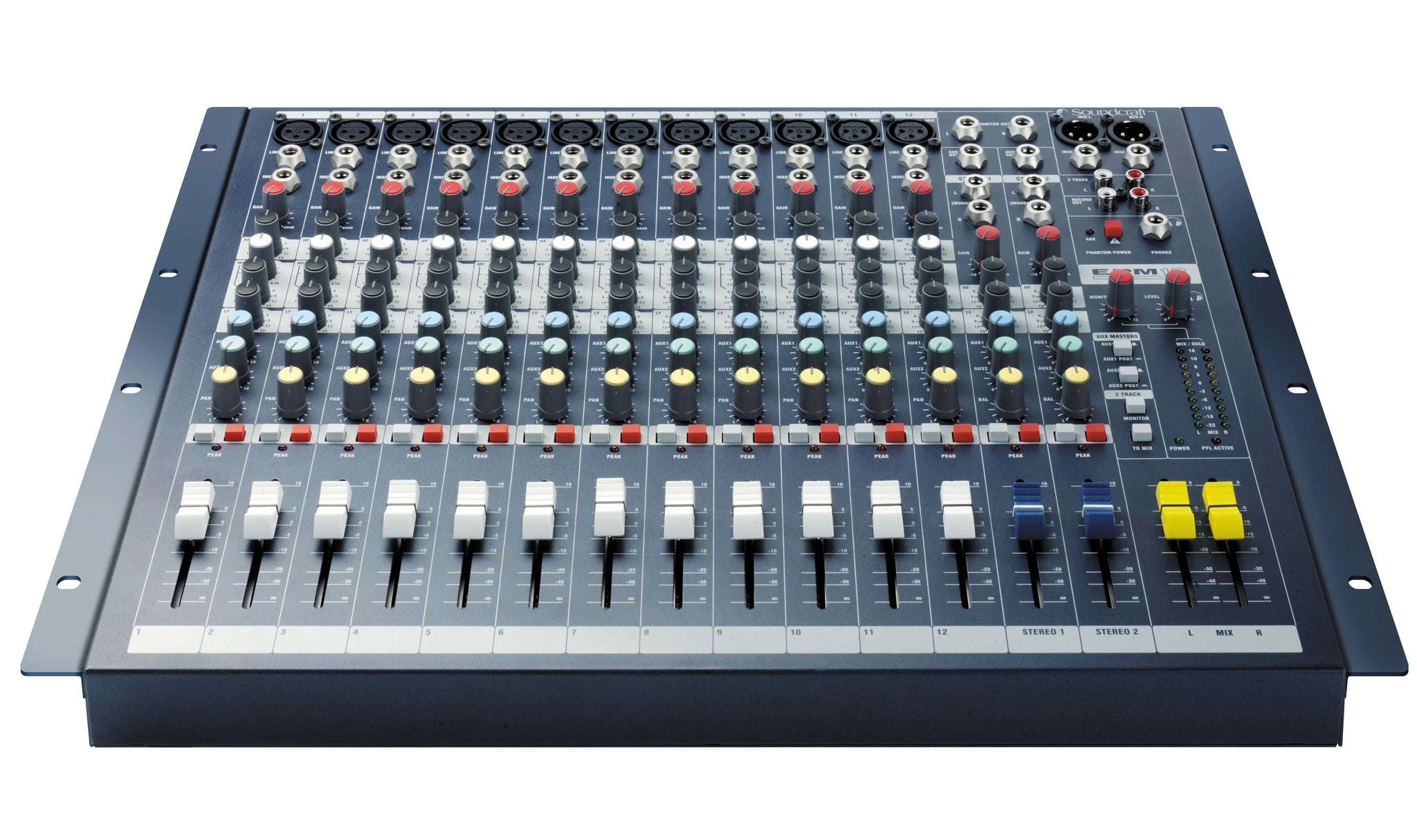 SOUNDCRAFT EPM 12 audio mixer with multiple knobs in a white background with mounting pannel