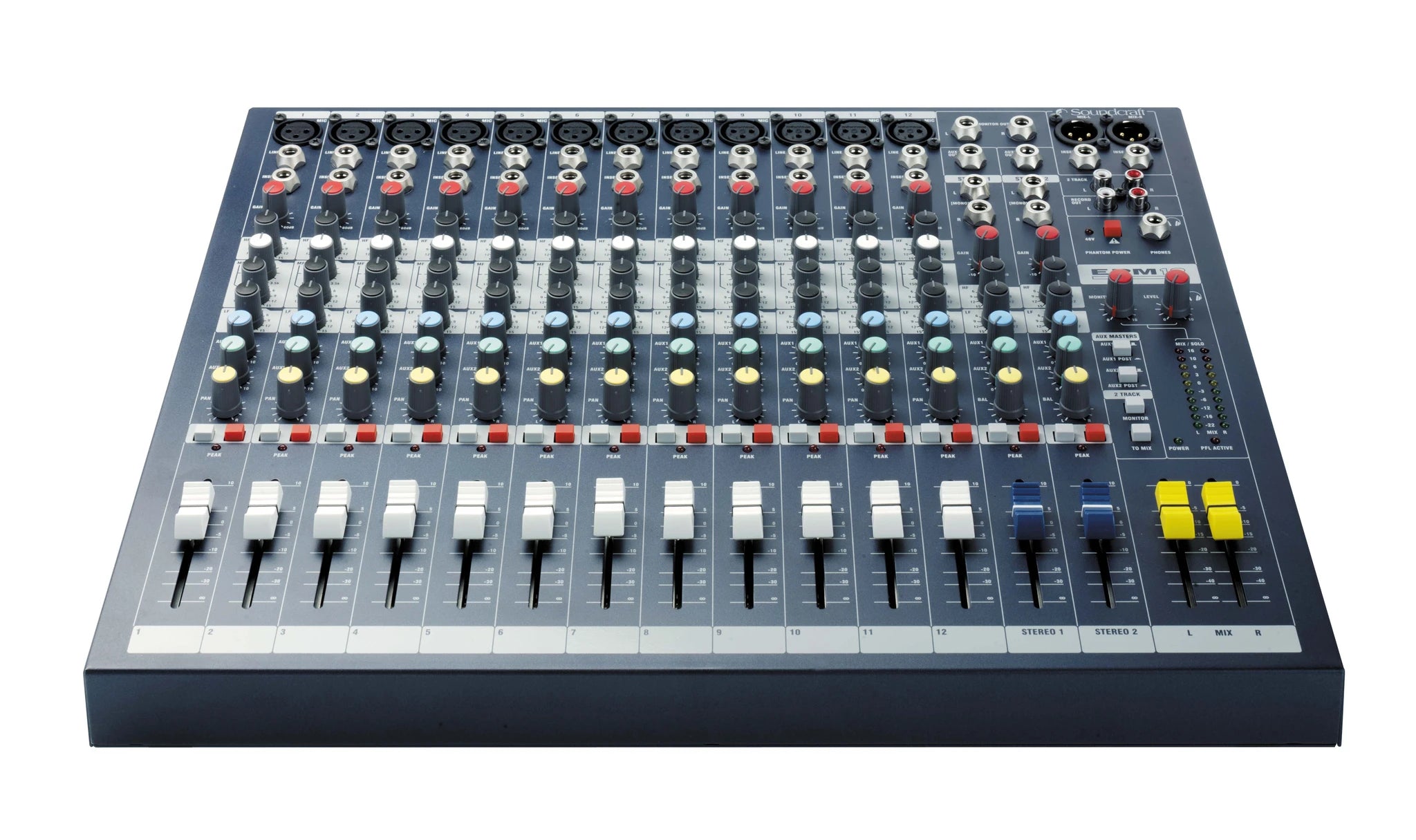 SOUNDCRAFT EPM 12 audio mixer with multiple knobs in a white background 