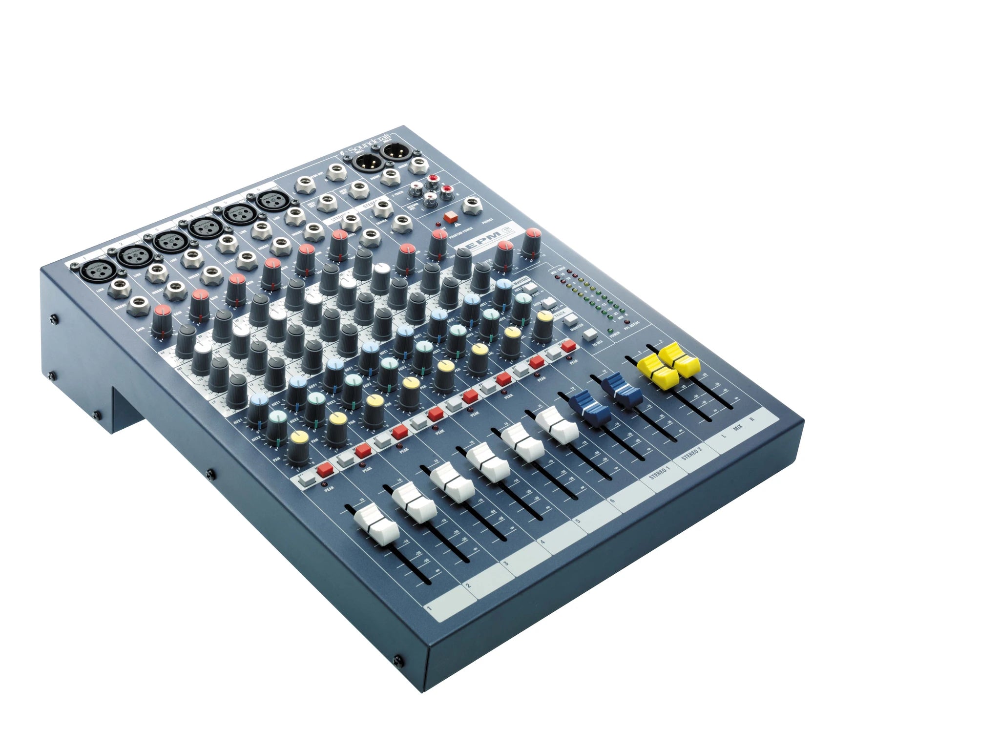 soundcraft EPM 6 mixer with multiple knobs and input ports in a white background