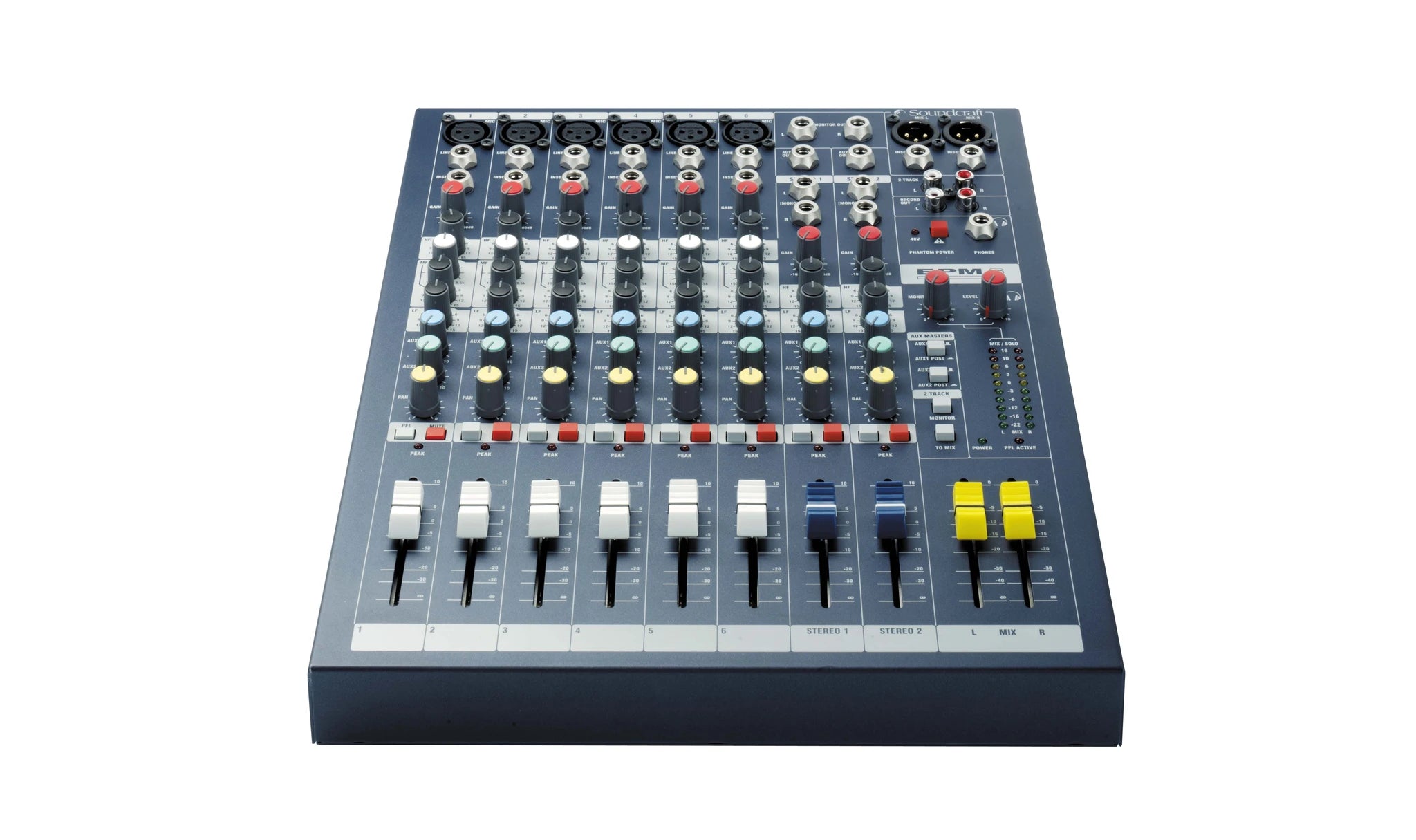 Audio mixing console with various knobs and buttons on a white background