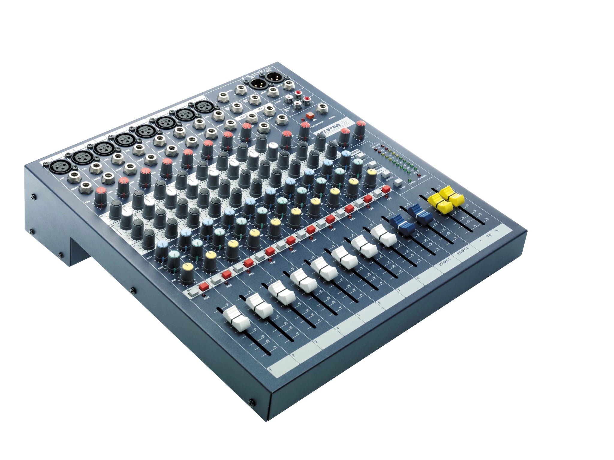 SOUNDCRAFT EPM8 audio mixing controller with multiple knobs in a white background 