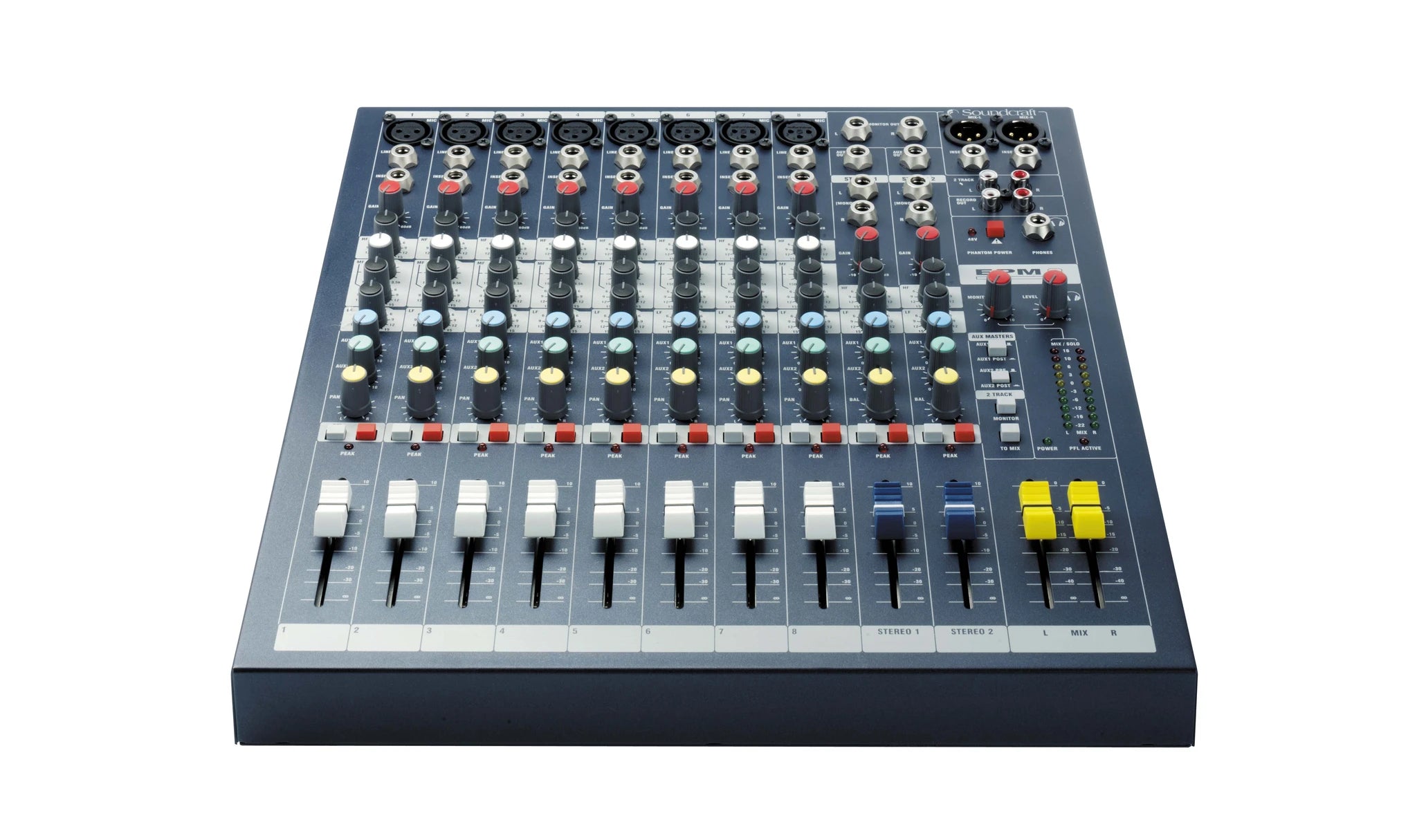 SOUNDCRAFT EPM8 audio mixing controller with multiple knobs in a white background front view