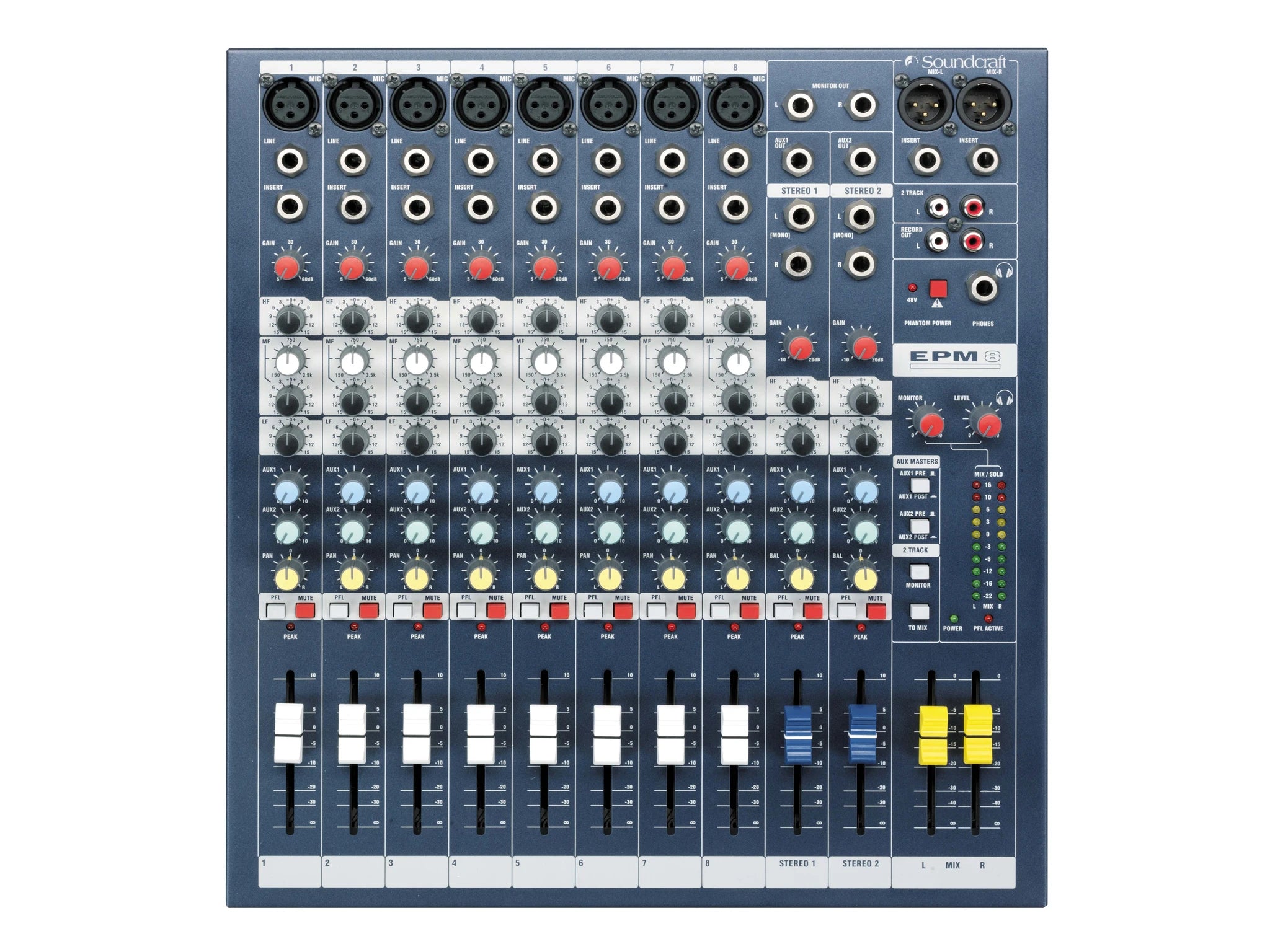 SOUNDCRAFT EPM8 audio mixing controller with multiple knobs in a white background top view