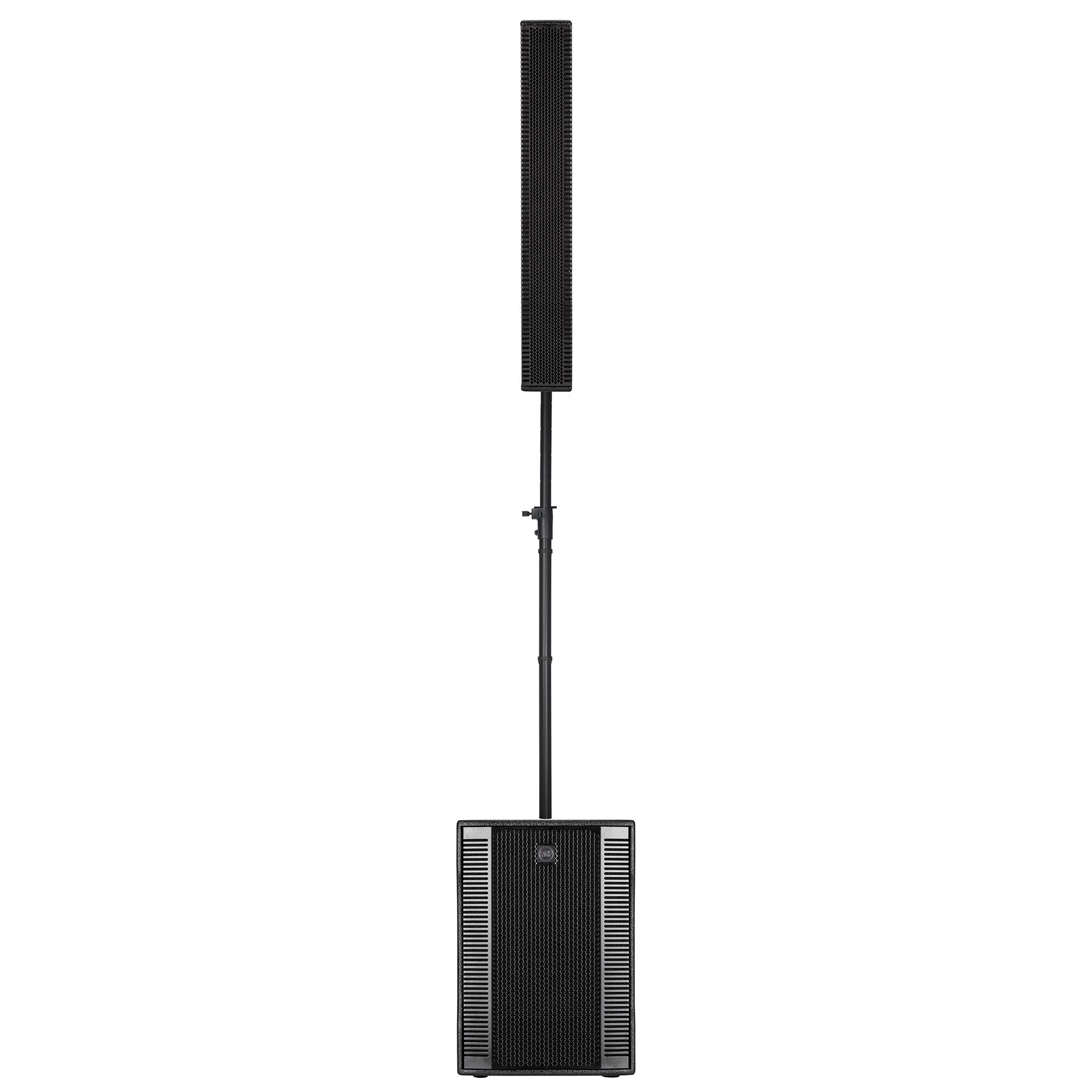 RCF EVOX 12 active two-way array front view showing column speaker and base module