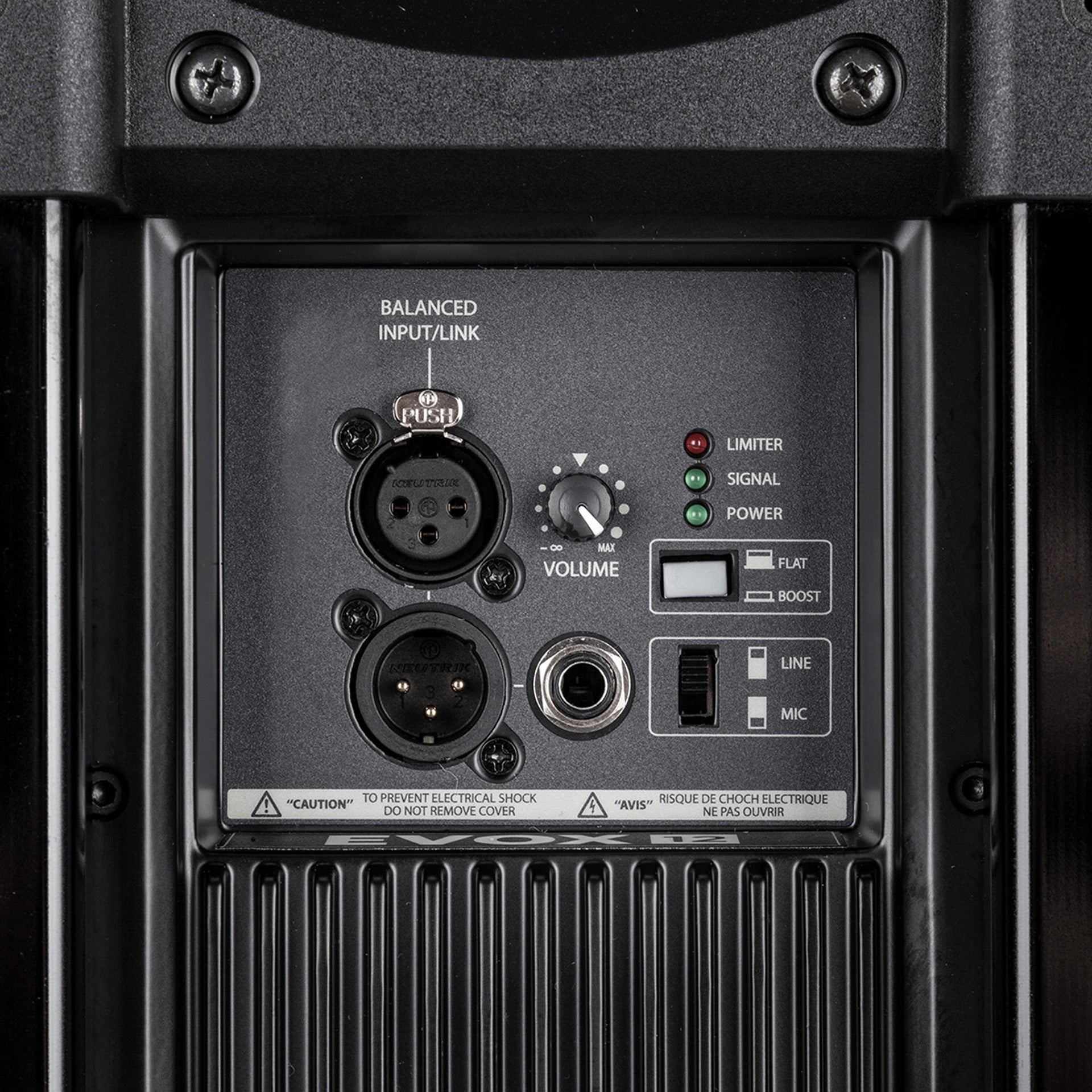 RCF EVOX 12 connector panel detail showing XLR Jack input and output