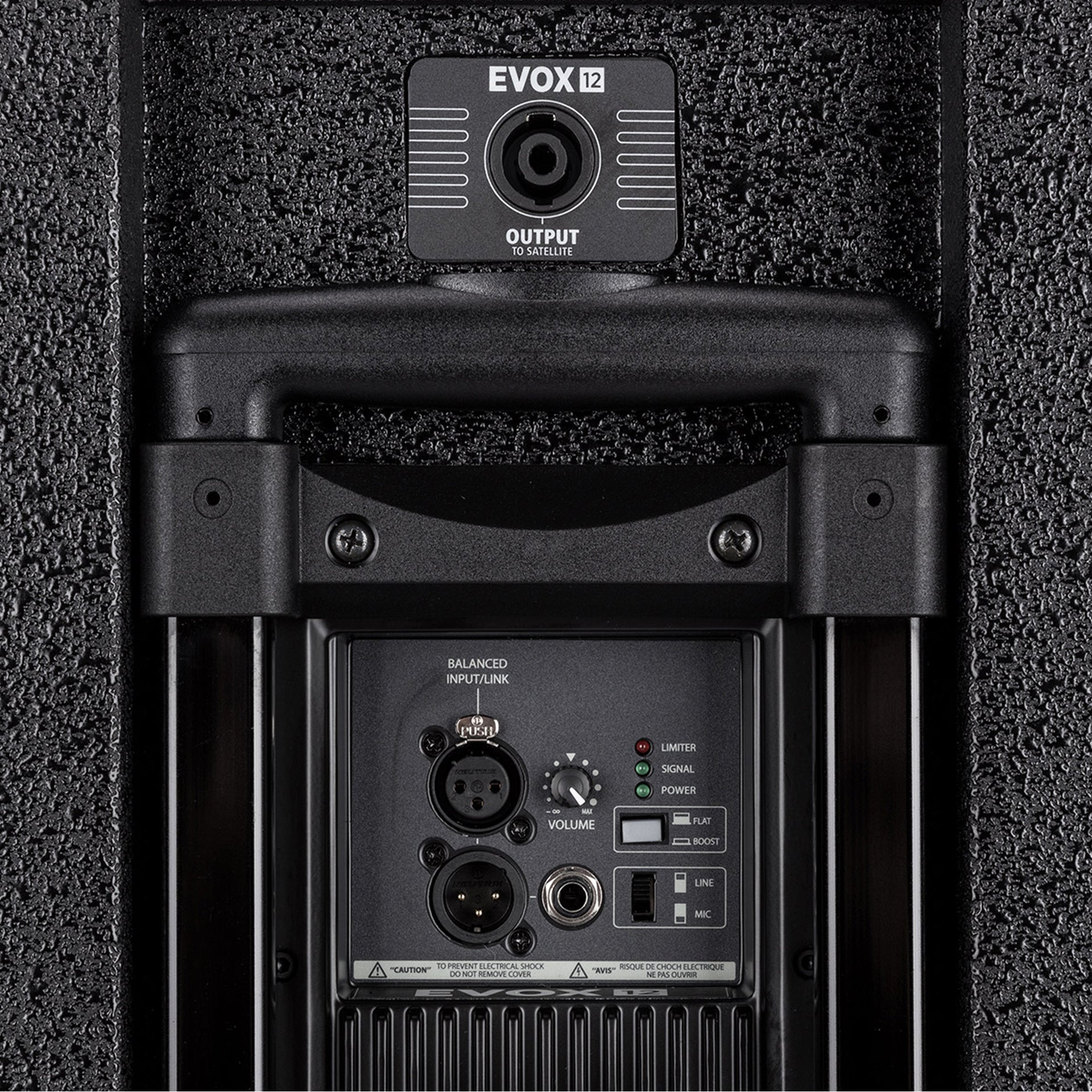 RCF EVOX 12 control panel detail showing volume and EQ knobs