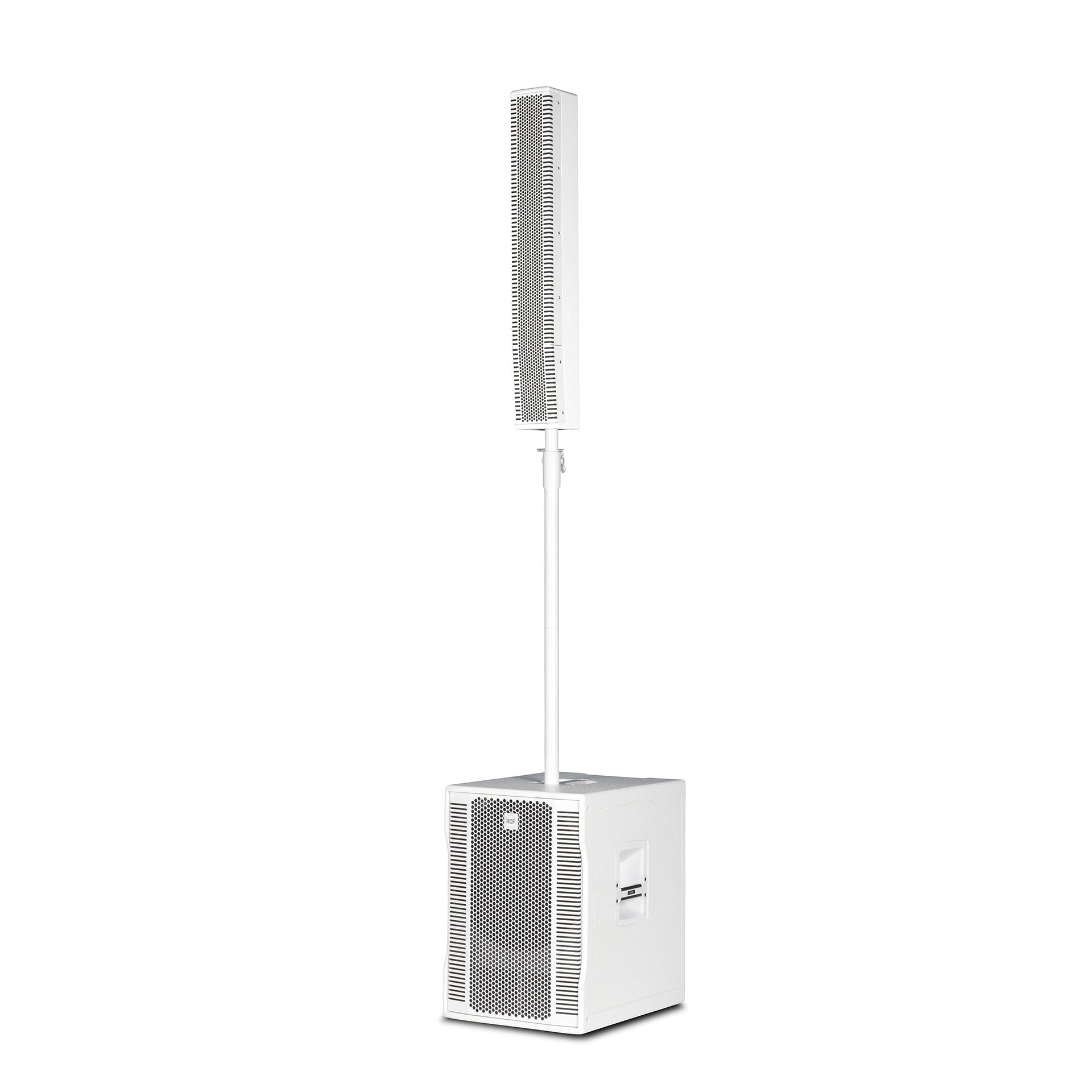 RCF EVOX 12 active two-way array front view showing column speaker and base module -White
